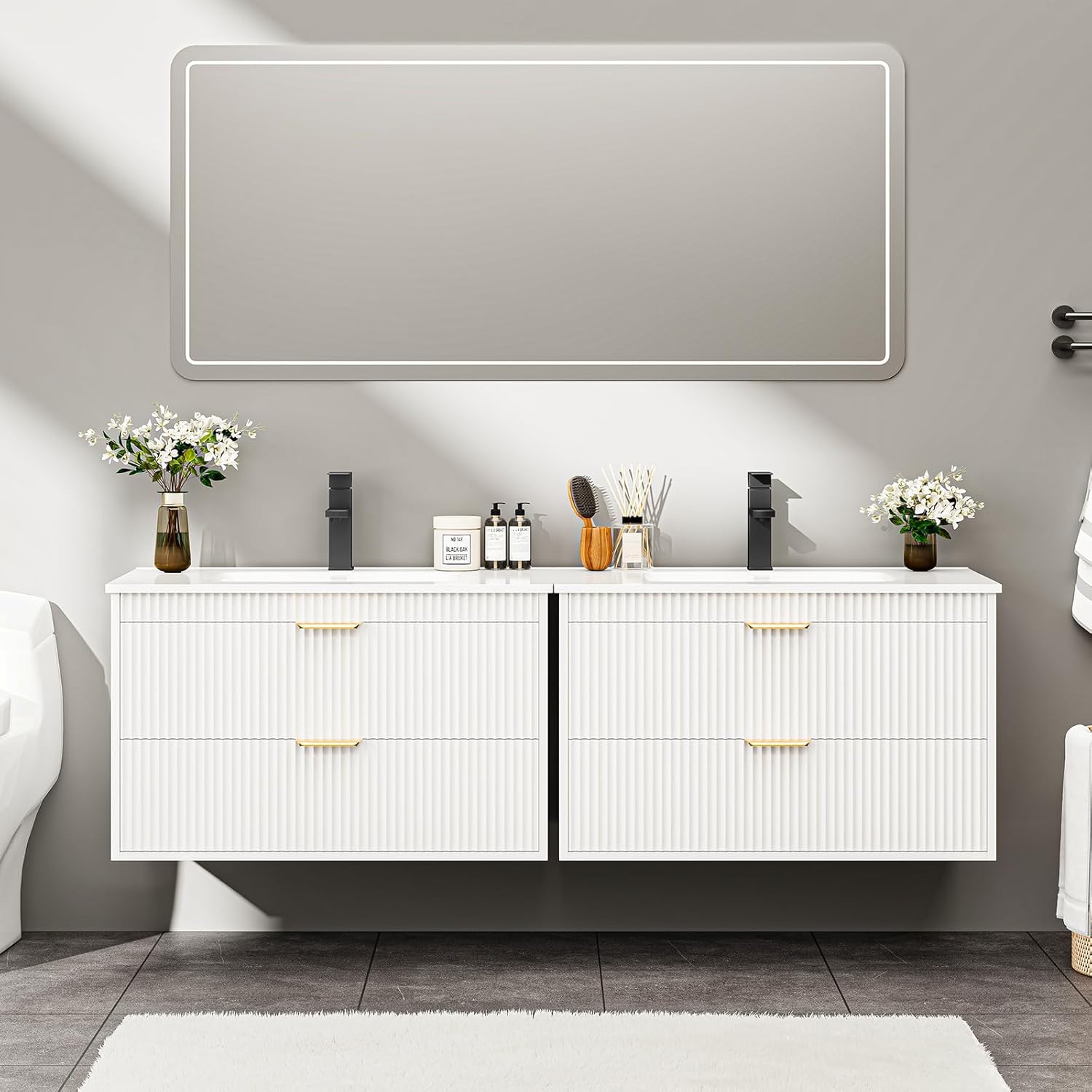 Halitaa 24 Inch Bathroom Vanity with Sink, Wood Grain Wall Mounted Vanity with 2 Storage Darwers, Floating Bathroom Vanity with Storage, Bathroom Floating Vanity with Sink, Faucet, Drain, White