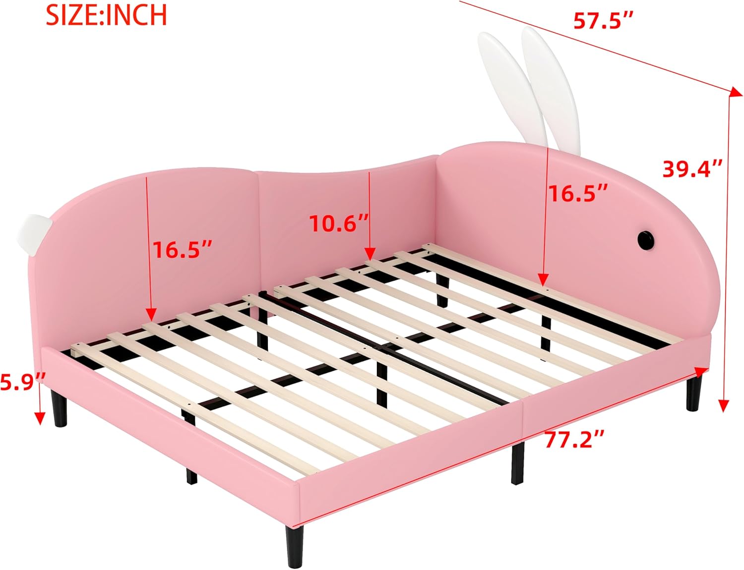 Upholstered Daybed Full Size with Rabbit Ear Headboard, Multi-Function Sofa Bed for Girls Boys, No Box Spring Needed (Pink, Full)