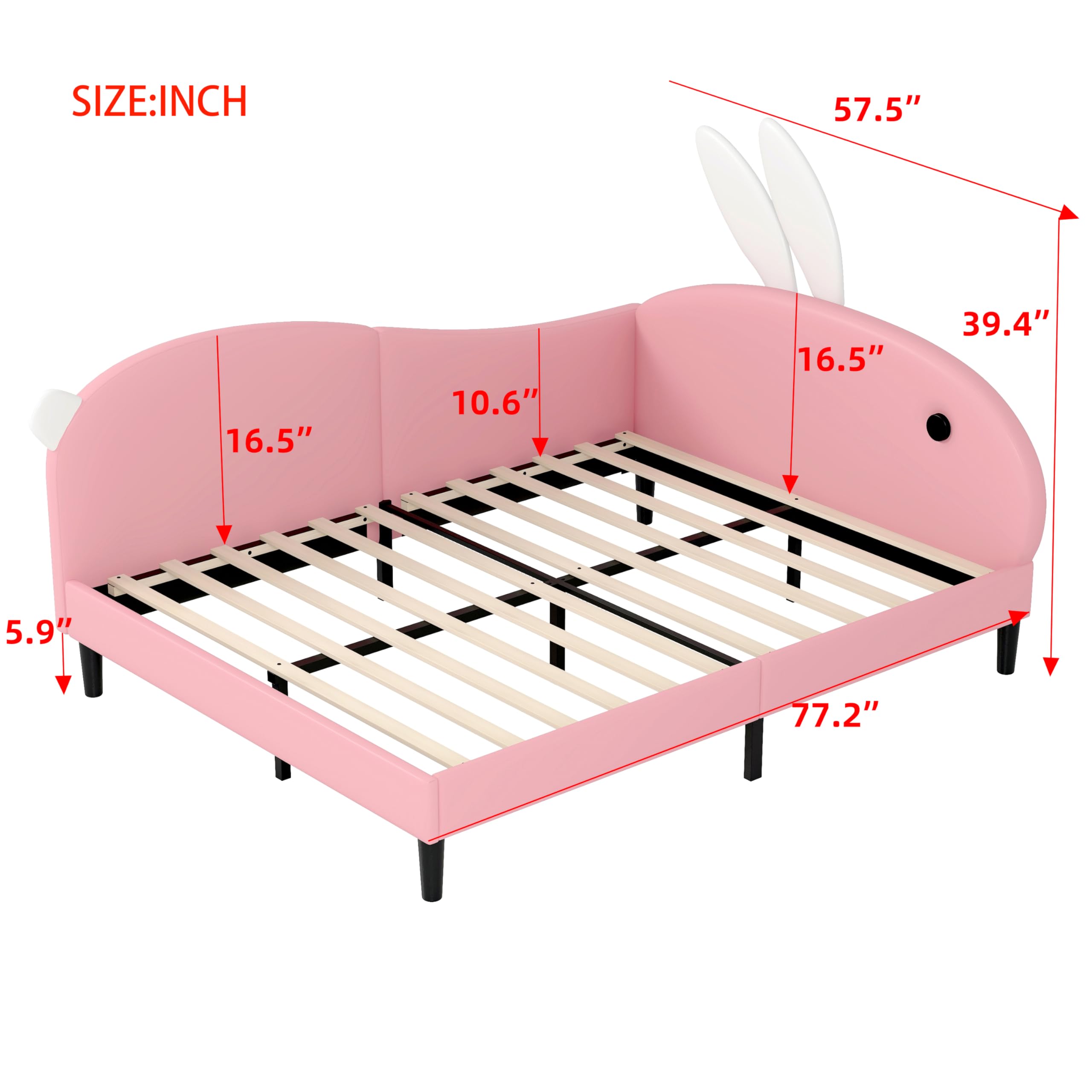 aphrophina Full Size Upholstered Rabbit-Shape Daybed for Cozy Comfort, Playful Design with Rabbit Ear Headboard, Kids and Teens, Pink