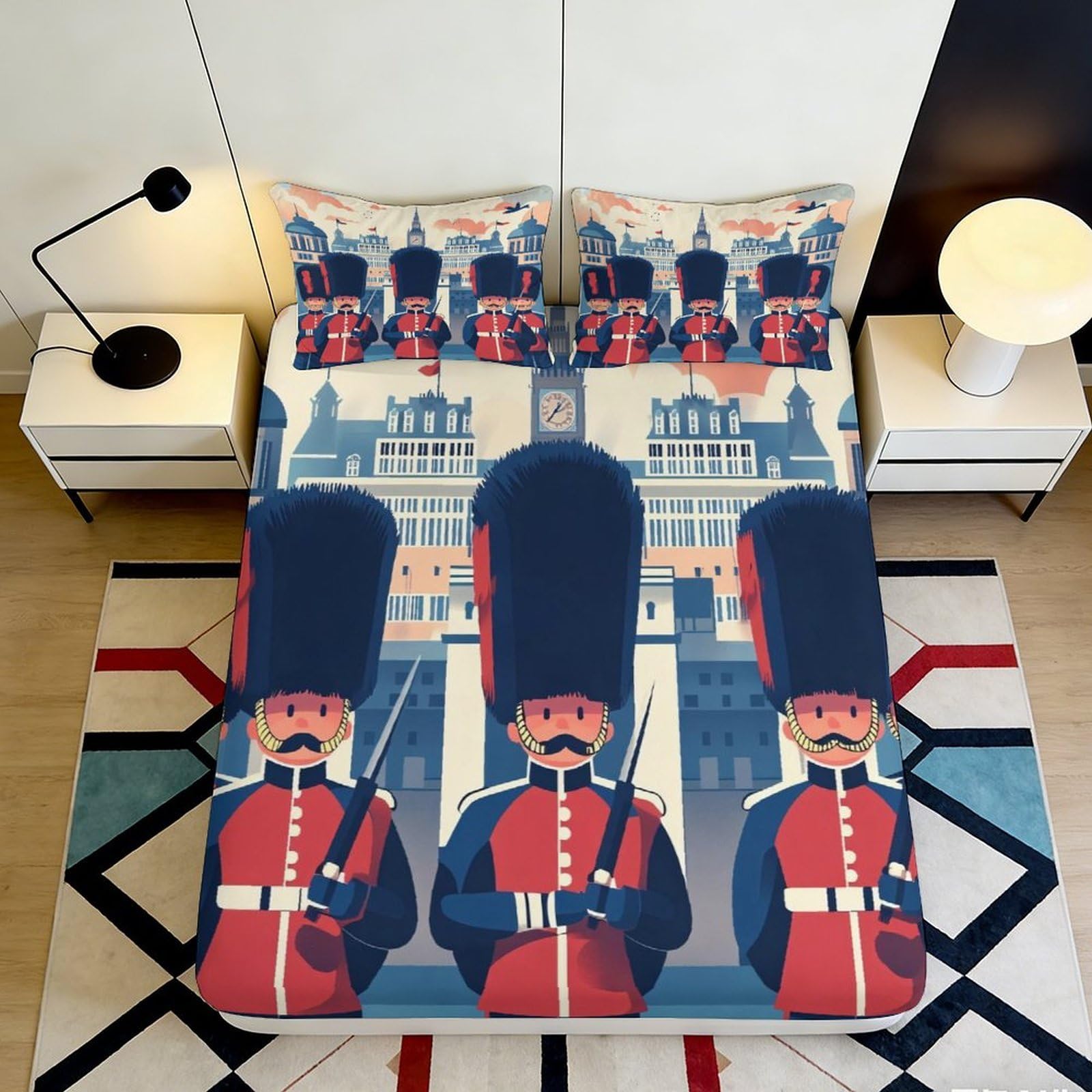 3D Printed British Guard Fitted Sheet Microfiber Soft Durable London Landmark Bed Cover for Bedroom Dormitory Guest Room Mattress Protection 140x200x25cm