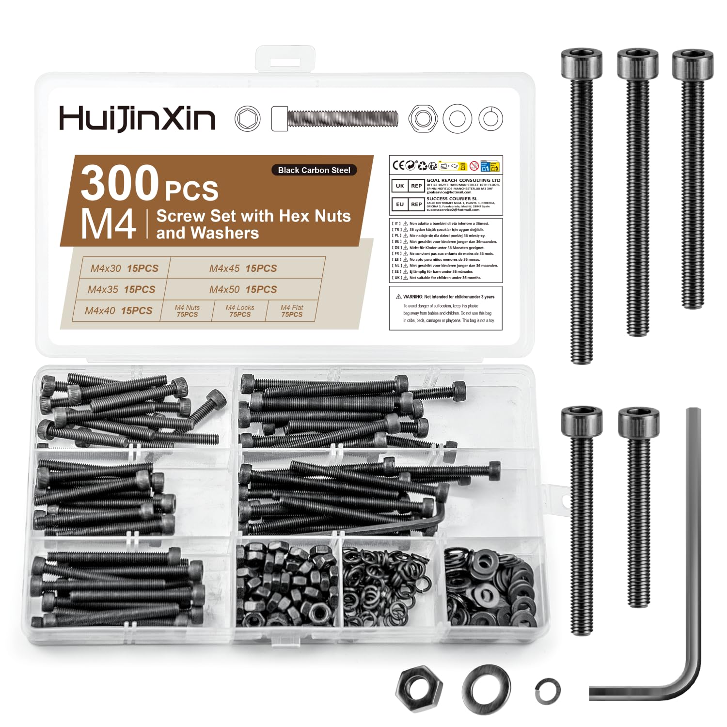 300 Pcs M4 Screws Set, Assorted Nuts and Bolts Set, Hex Socket Head Cap Screws Bolts and Nuts Sets, Black Hex Socket Cap Head Machine Screw Assortment with Lock & Flat Washers for DIY Repair