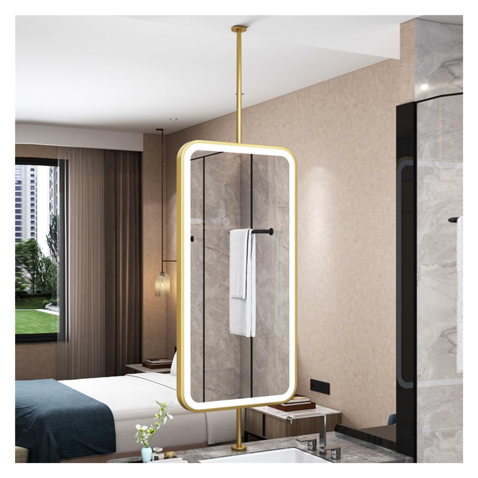 MESOVFCA Rectangular Ceiling-Mounted Floating Mirror with LED Lights, 3 dimmable Colors, and a Metal Frame for Hotel and Apartment Decor(Gold,60x100cm)