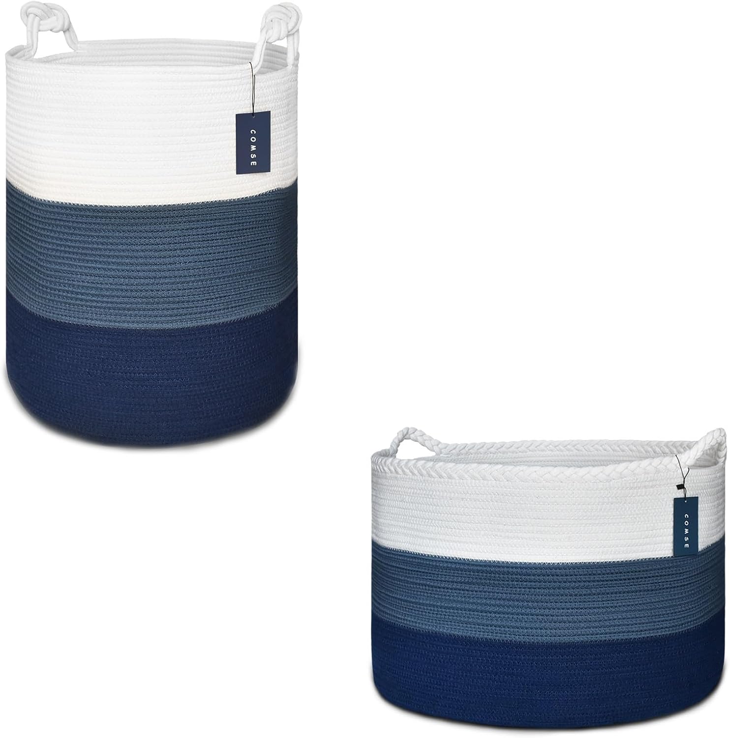 COMSE Tall Laundry Basket and Large Blanket Basket, Storage Basket, Laundry Hamper, Toy Basket, White & Cadet Blue & Navy Blue