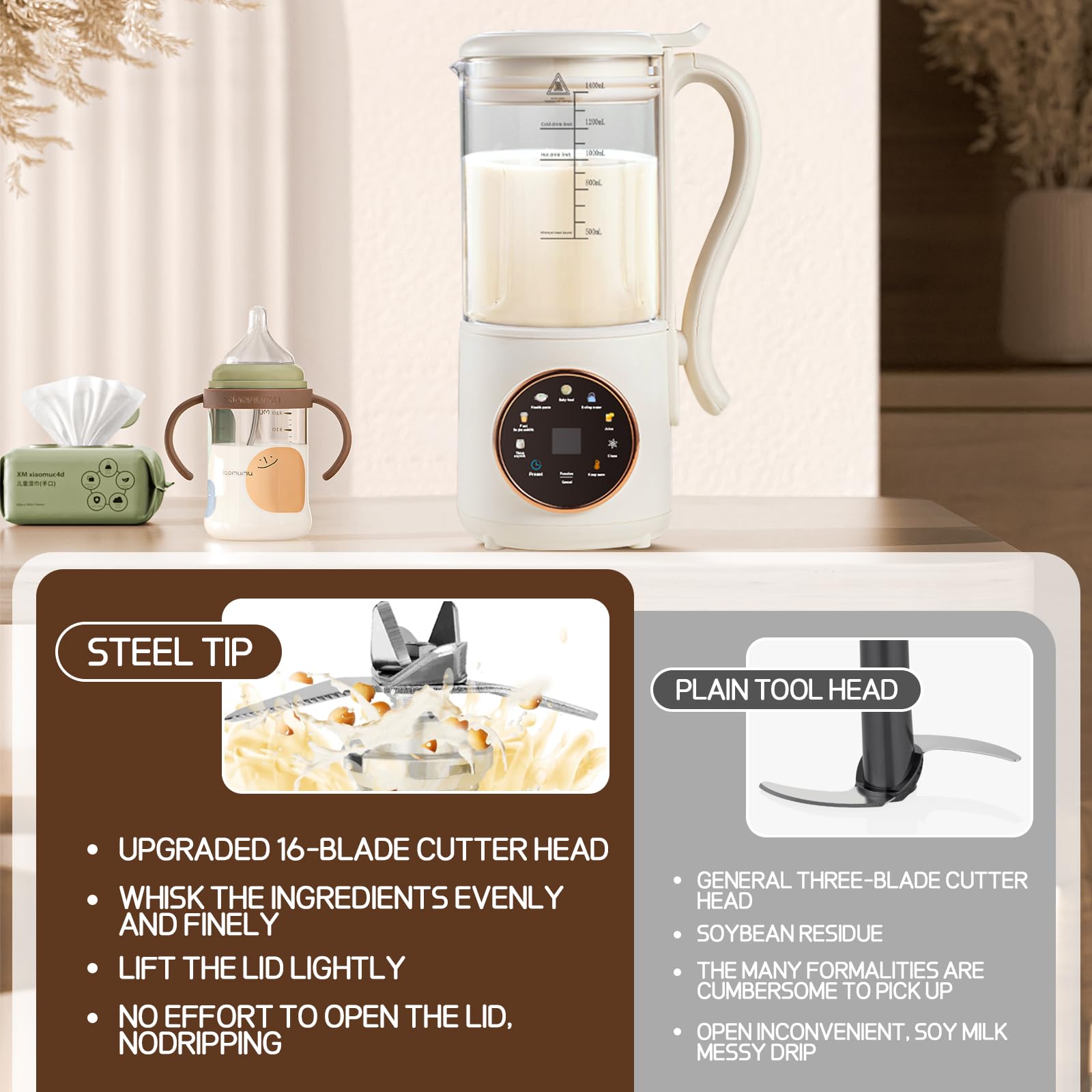Macchina Latte di Soia, 1400ml Macchina per Latte di Noci, Multifunzionale Macchina per Latte Vegetale con Autopulente Fatto in Casa, Avena, Soia, Bevande senza Latticini