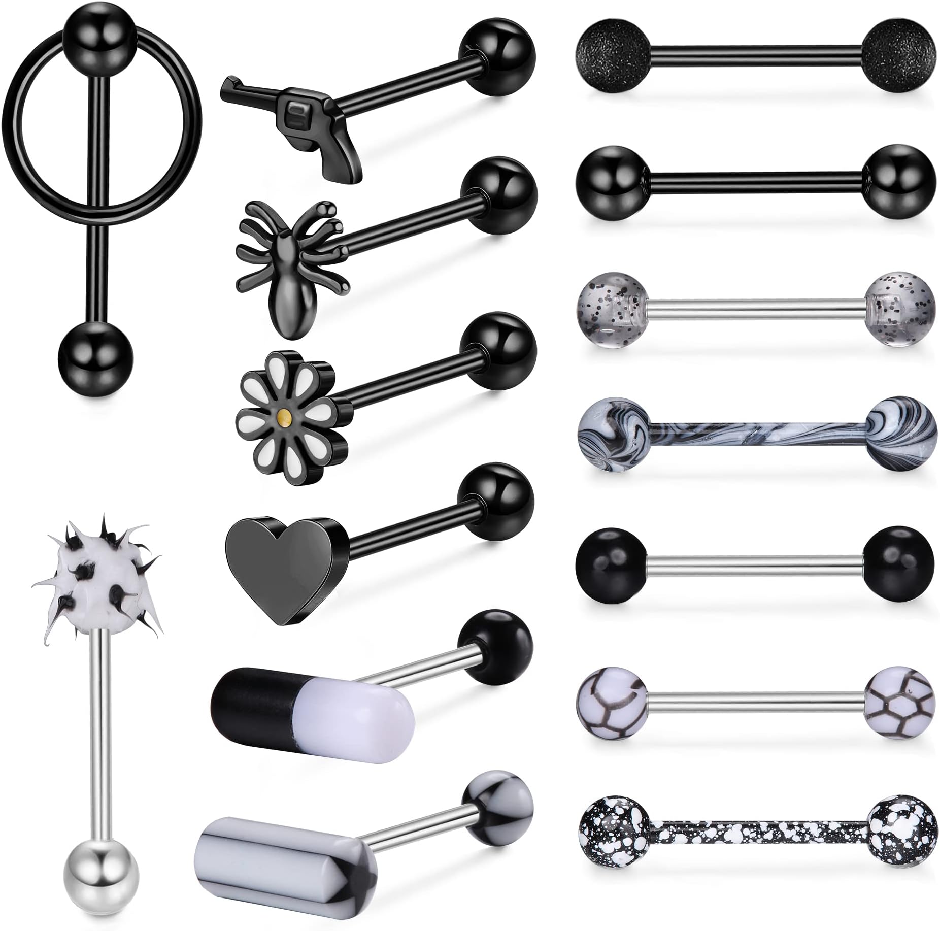 Kakonia 14G Tongue Bars Surgical Steel Tongue Piercing Teaser Double Barbell Vibrating Tongue Bar Plastic Long Nipple Bars Tounge Bars Barbells Body Jewellery Set for Women