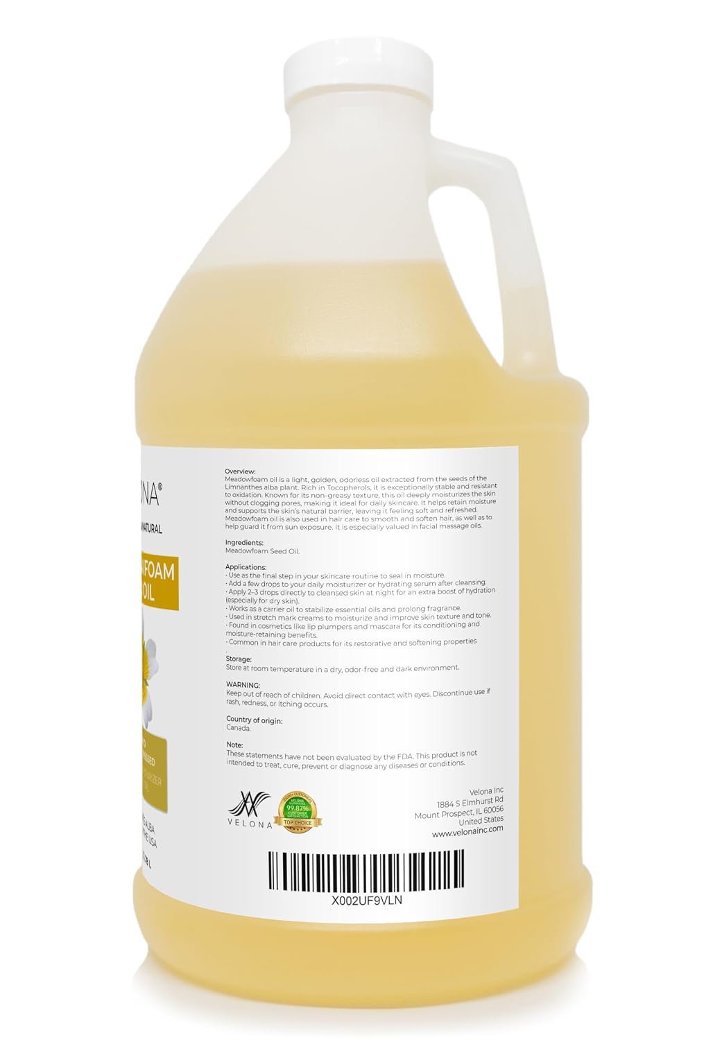 velona Meadowfoam Seed Oill 1 Gallon / 128 Fl Oz | 100% Pure and Natural Carrier Oil | Refined, Expeller Pressed | Skin, Hair, Body & Face Moisturizing | Use Today - Enjoy Results
