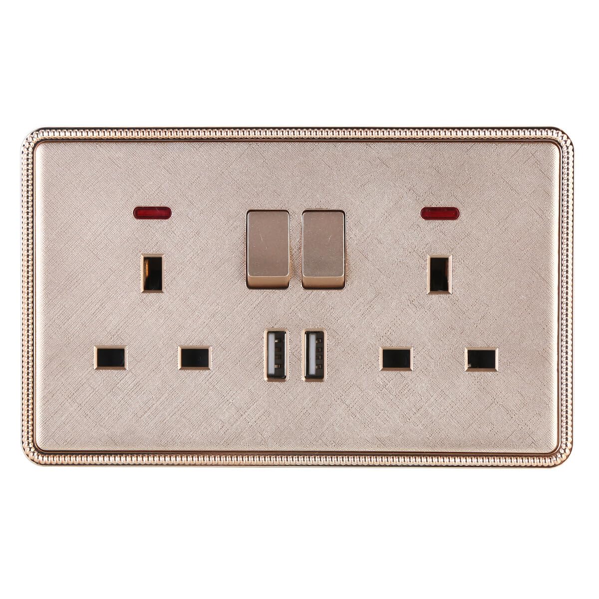 SH-RuiDu Double Switched Power Socket Outlet, 2 Gang 13A Wall Plug Socket Dual 2.1A USB Ports Power Supply Panel with Indicator, Champaign Gold