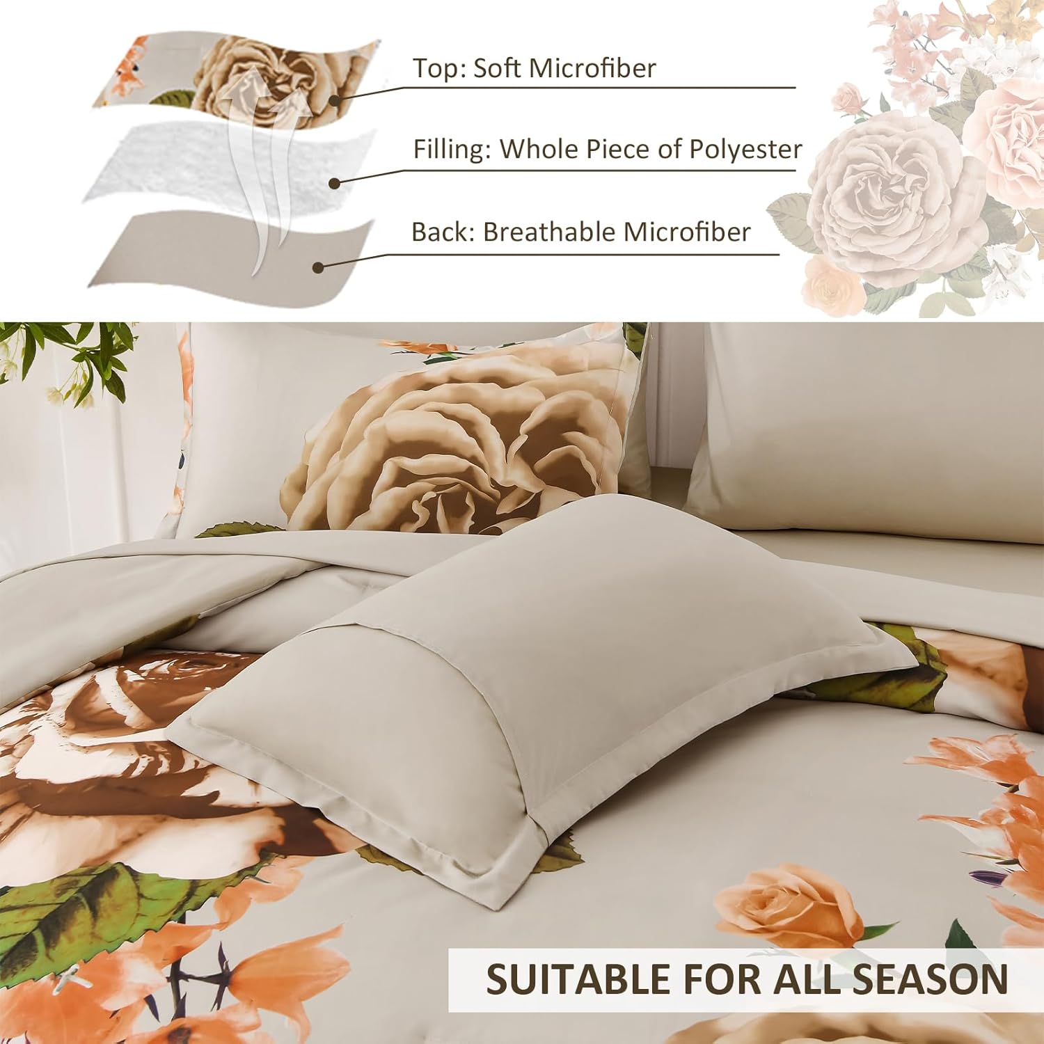 Drucon Brown Floral Comforter Set Queen, 7 Pieces Bed in a Bag Botanical Floral Comforter Soft Microfiber Brown Bedding Set Queen Size Bed with Sheet and Pillowcase