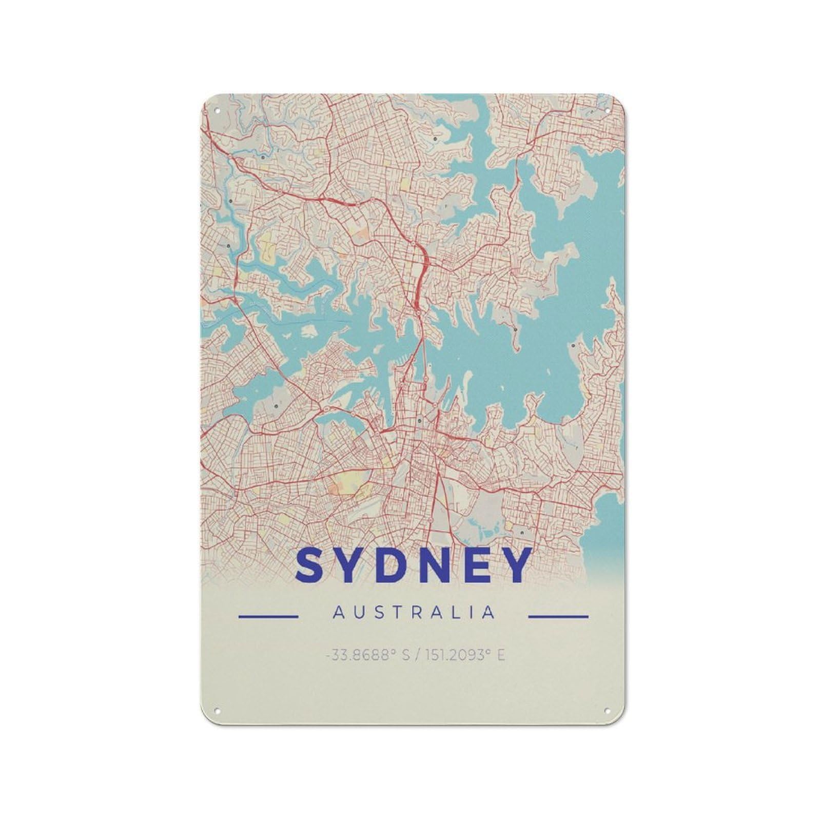 Junmoney Sydney Vintage Map Style Vintage Metal Plaque 30X20cm For Café Or Restaurant, A Decorative Gift For A Newly Furnished Café And Restaurant