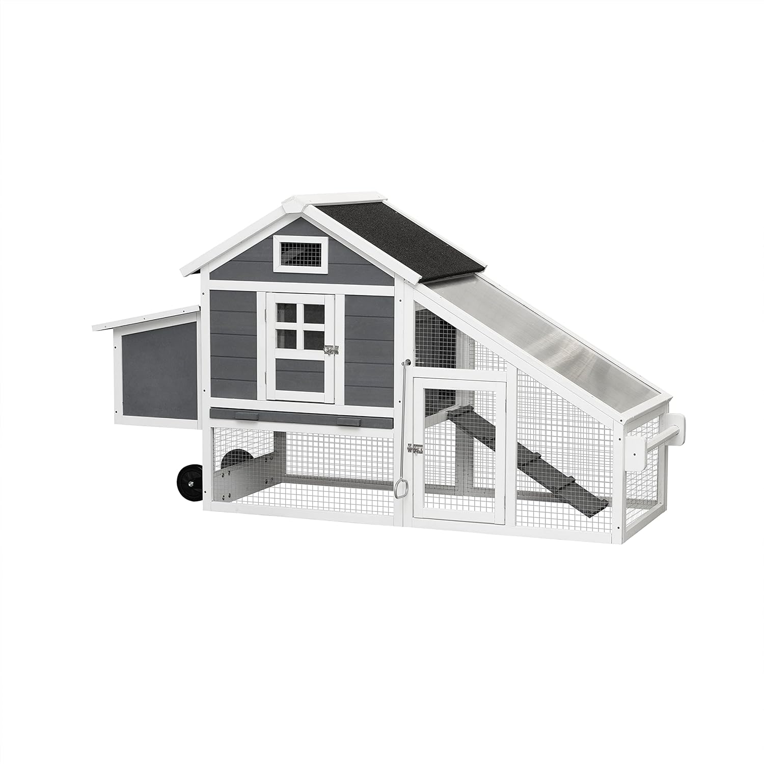 GDFStudio 70.86" Chicken Coop Rabbit Hutch with Wheels, Wooden Portable Chicken Coop Run Duck Houses with Waterproof Roof, Removable Tray, Outdoor Pet Hutch for 4-6 Chickens Ducks Rabbits, Grey+White
