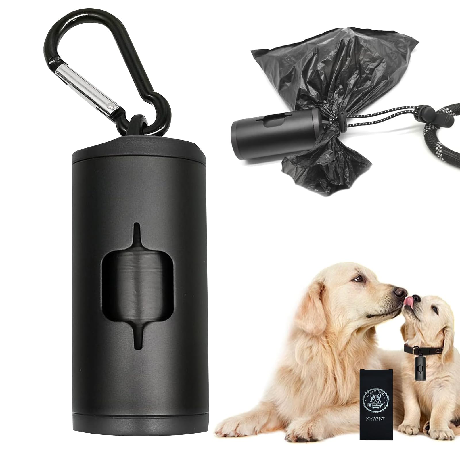 YUCHIYA Aluminum Dog Poop Bags Holder with Carabiner Metal Pet Waste Bags Dispenser with Hook and Loop Fastener and Elastic Cord to Carry Used Bags (