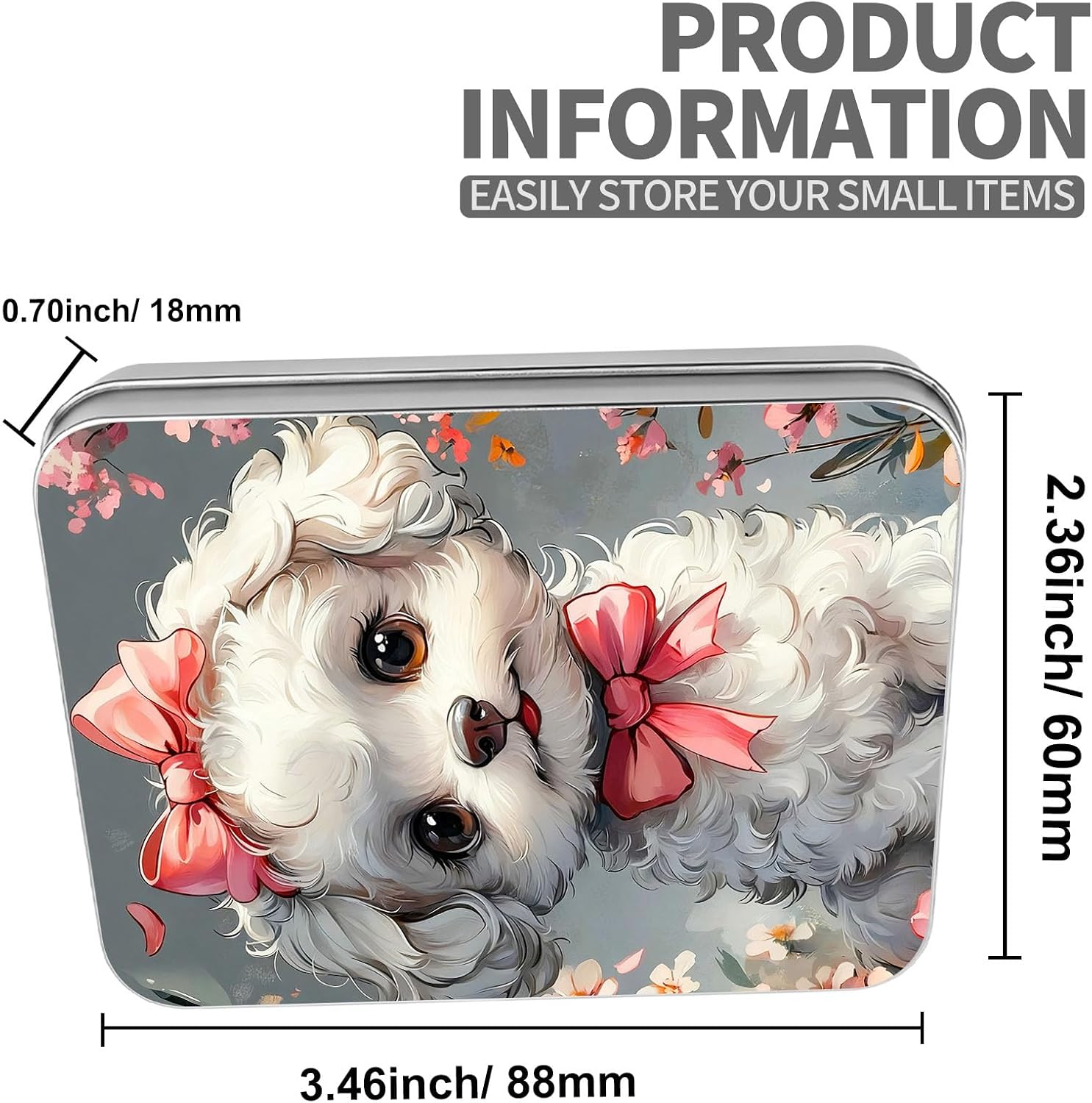 Mini Pocket Metal Tin with Lid, Cute White Puppy with Bows 3.5"x2.4"x0.7" Small Portable Pill Box & Mint Case - Cute EDC Travel Organizer for Earbuds, Jewelry & Coins image 3