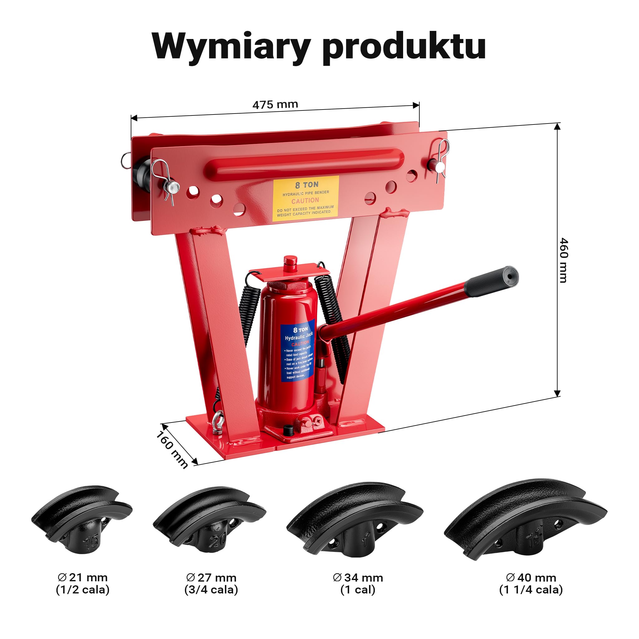 Wiltec hydrauliczna giętarka do rur 8 t, urządzenie do gięcia rur z 4 matrycami Ø 21,3-40 mm, giętarka do rur wraz z matrycami