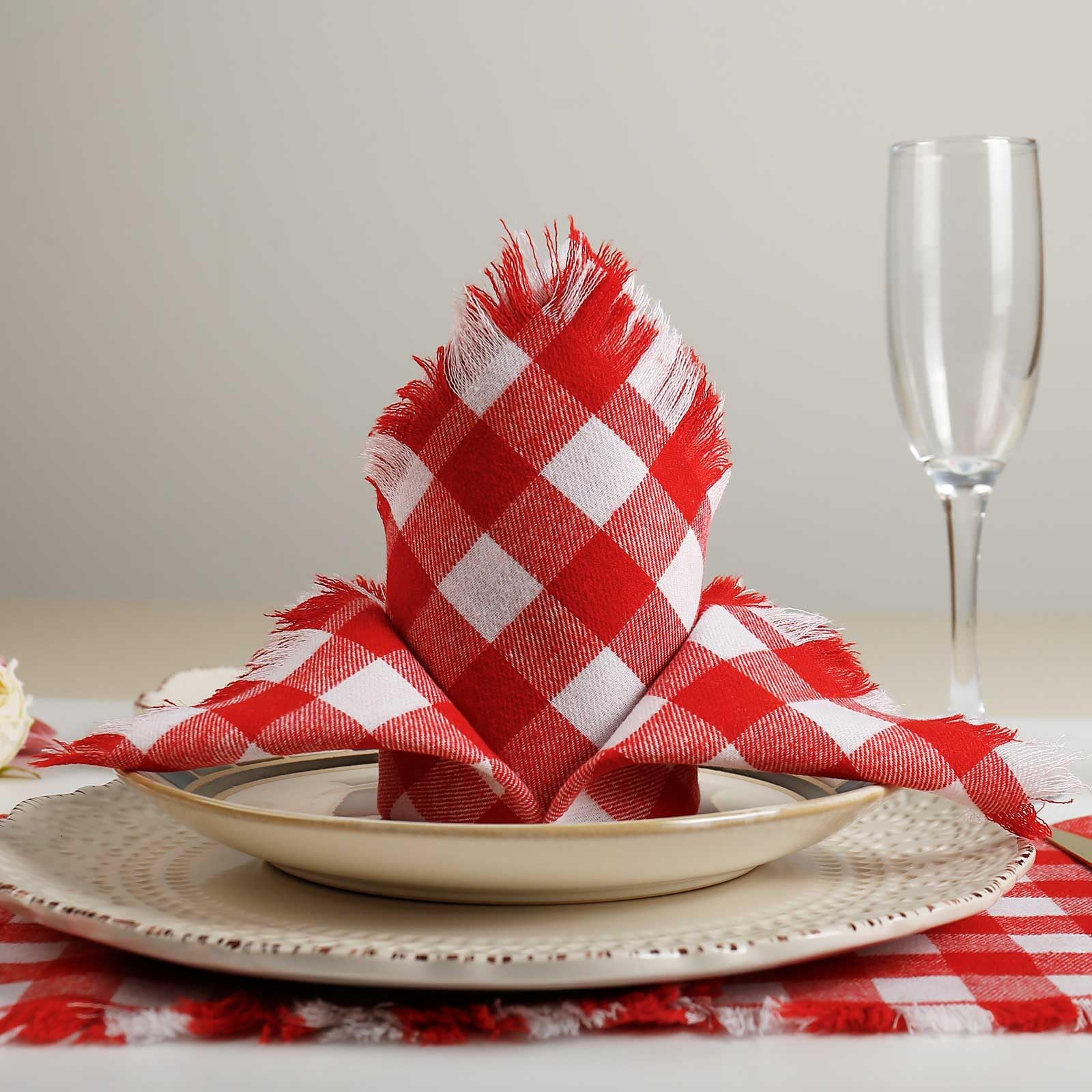 Set di 12 tovaglioli di stoffa fatti a mano in 100% cotone con frange, 43 x 43 cm, tovaglioli a quadri rossi per il Ringraziamento, Natale, pasti quotidiani
