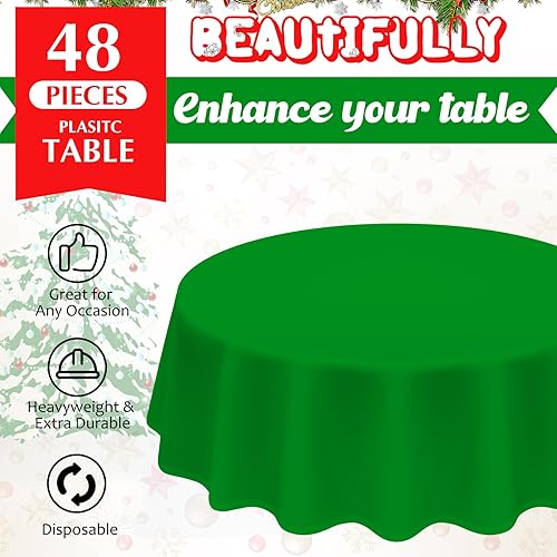 Miniatura 9 de Amylove 24 manteles de plástico navideños de 84 pulgadas, redondos, desechables, de plástico, impermeables, decorativos, para fiestas, decoración de