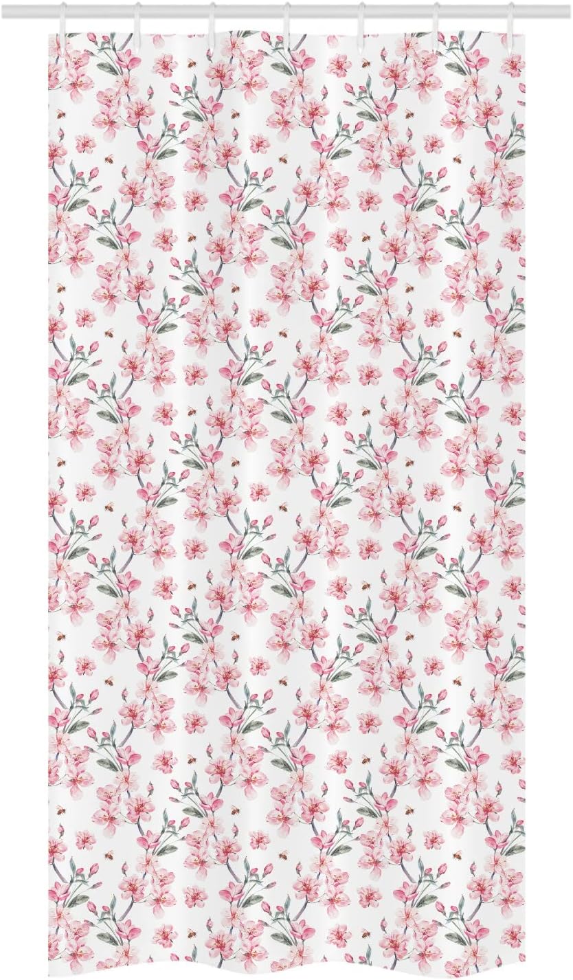 Ambesonne Watercolor Stall Shower Curtain, Vintage Japanese Garden Flourishing Sakura Cherry Branches, Decorative Fabric Set with Hooks for Bathroom, 36" W x 72" L, Reseda Green Pale Pink