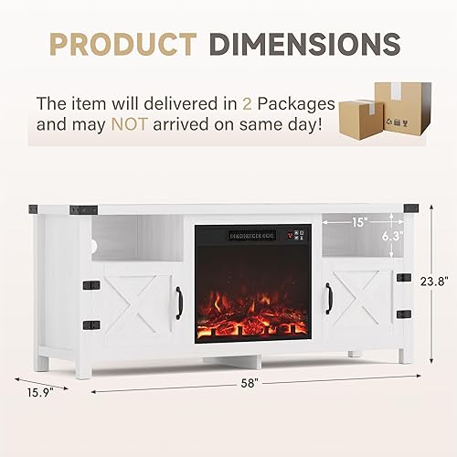 Miniatura 7 de Furmax - Soporte de TV con chimenea para televisor de 65 pulgadas, centro de entretenimiento con gabinetes de almacenamiento y 2 estantes abiertos