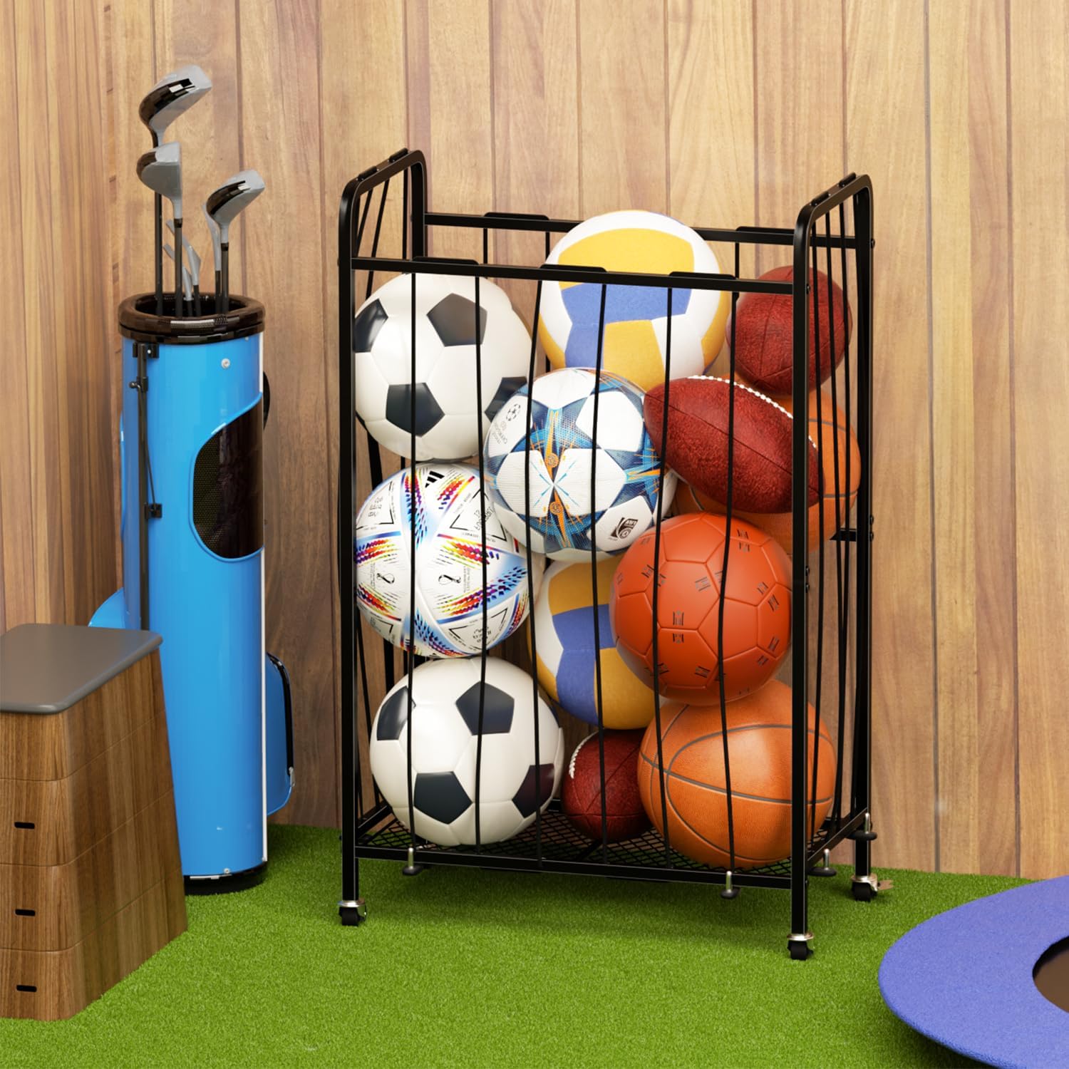 Garage Ball Storage with Wheels, Ball Sports Organizer Storage Cart, Sports Equipment Organizer, Sports Ball Rack With Elastic Rope, Garage Organization Storage Rack, Ball Holder, Black