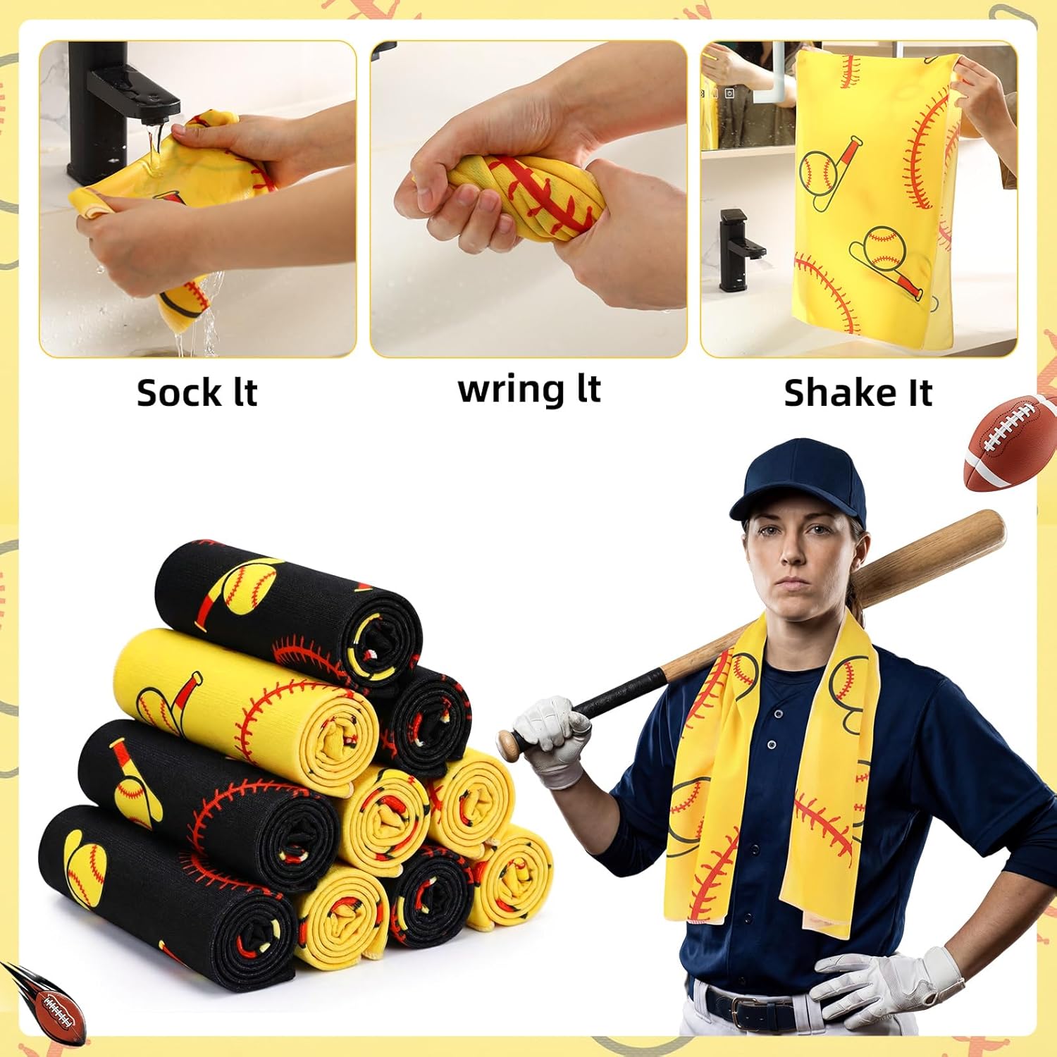 Reallnaive 18 Count Softball Cooling Towel Bulk 40 x 12 Inch Baseball Cooling Towel Sports Baseball Party Favor Softball Gifts for Team Ice Towels for Neck Face Quick Dry Breathable (Yellow+Black)