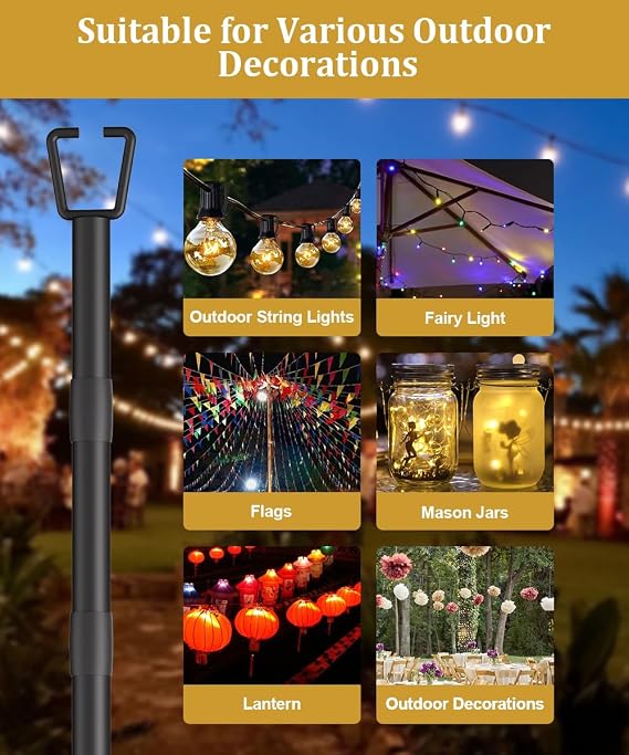 2 Pack 10ft String Light Poles for Outdoor Decoration, Sturdy Light Pole with Fork, Adjustable Metal Posts for Outdoor Patio, Backyard, Deck, Garden, Party, Wedding