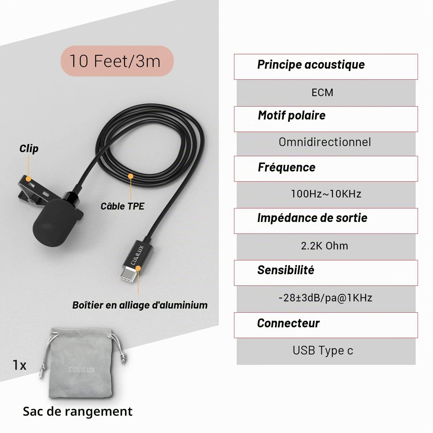 Cubilux Microphone USB C Cravate Lavalier avec Clip, Compatible avec Galaxy S25/S24/S23, iPhone 16/15, iPad Pro 13/12.9/11, Pixel 9/8/7/6 Pro, Câble 3 m
