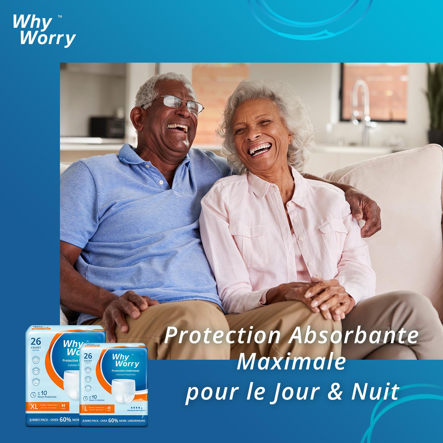 WhyWorry Culottes Incontinence pour Homme et Femme, Couche Culotte Adultes pour Fuites Urinaires, Slips Absorbants Jetables, Contrôle des Odeurs, Anti-fuites, Unisexe, Taille XL, 26 Unités