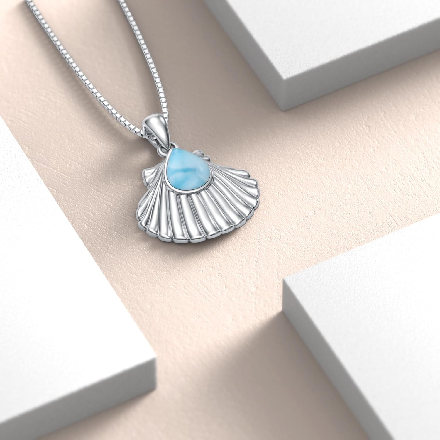 Larimar Seashell Necklace 925 Sterling Silver Teardrop Larimar Gemstone Seashell Pendant Summer Beach Jewelry Gifts for Women - Image 4