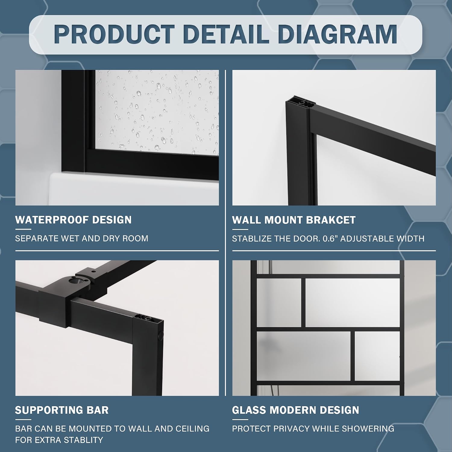 Goodyo 34” X 72” Shower Door Tempered Glass Framed Shower Screen Panel for Walk-in Bathroom Matte Black Finish, Middle Glass Frosted Pattern, 3-Pieces Glass image 4