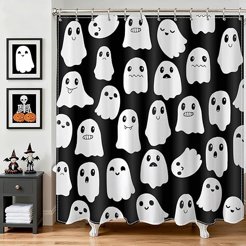 Cortina de ducha de Halloween, bonita cortina de ducha de fantasma, fantasma, impermeable, juego de cortina de baño con 12 ganchos para decoración
