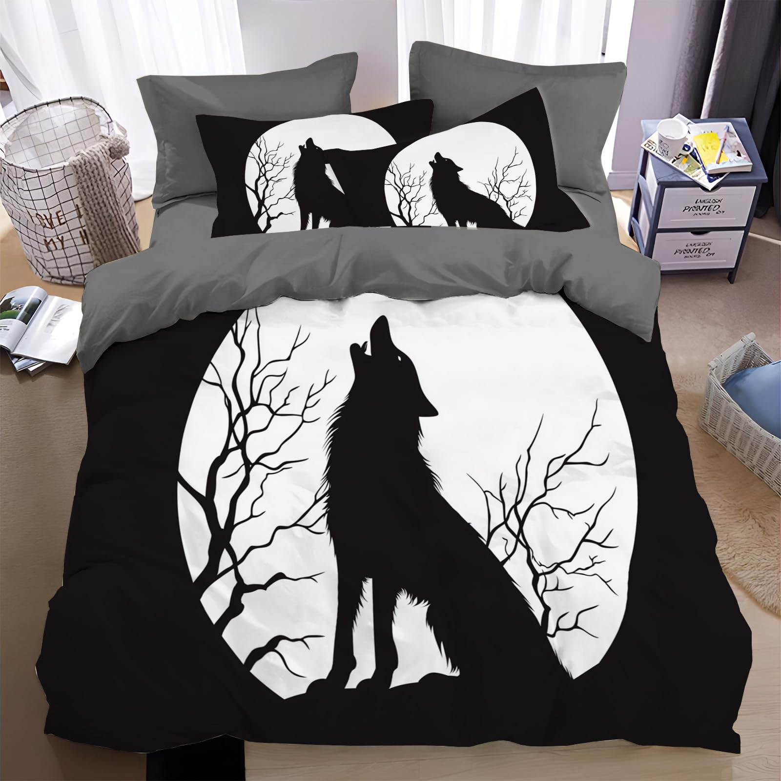 Housse de couette 200x200 loup parure de lit 2 personnes microfibre zip