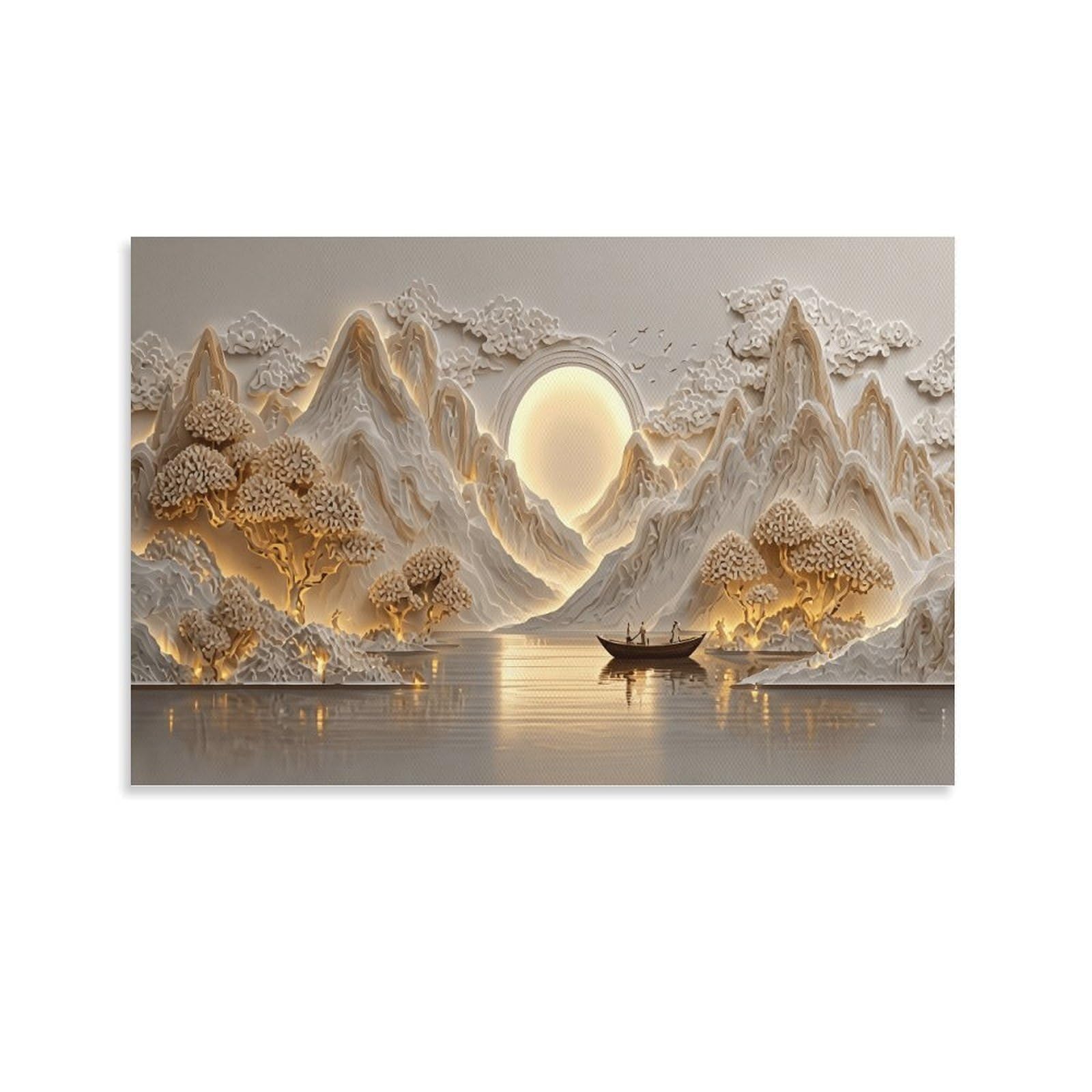 XPASHIQWC Warm Light Mountains Wall Decor Poster Lake Boat Canvas Prints Picture Modern Wall Art Picture Wall Hanging for Home Decorations 20x30inch(50x75cm)
