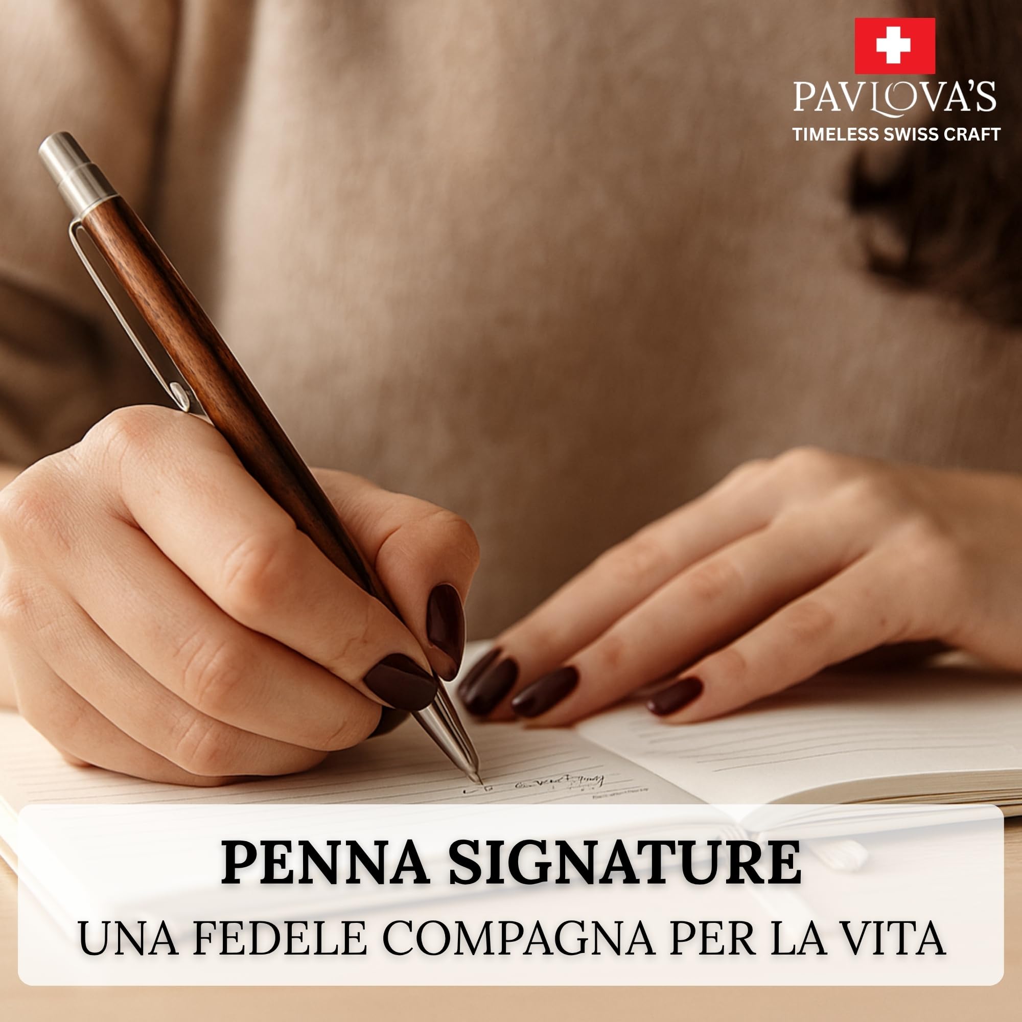 PAVLOVA'S Penna a Sfera in Noce e Acciaio Inossidabile – Artigianale Svizzera – Design Ergonomico – Confezione Regalo – Mina Nera e Ricambio Blu – Garanzia 10 Anni – Edizione Limitata