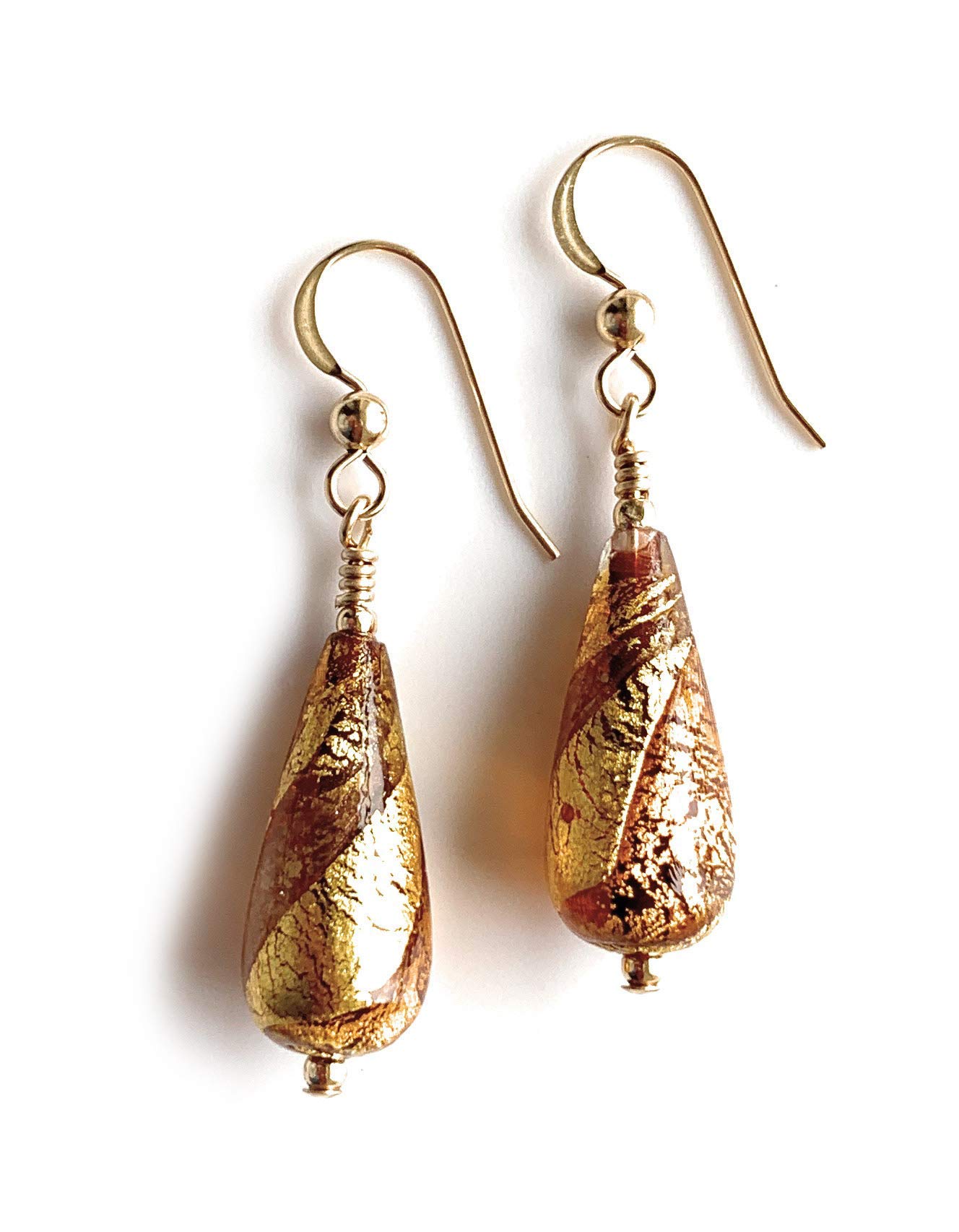 Diana Ingram earrings with brown topaz (amber), gold and aventurine Murano glass short pear drops on Sterling Silver or 22 Carat gold vermeil hooks