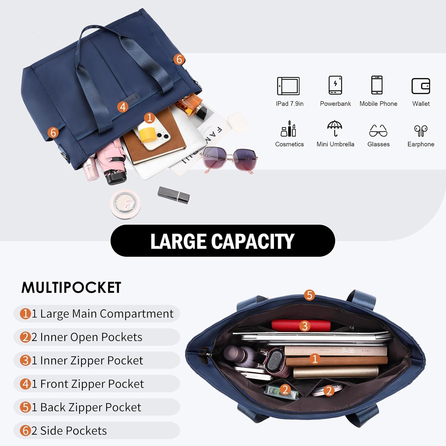 Tote Bag for Women with Zipper Travel Large Crossbody Shoulder Bag Handbag Water-resistant Nylon with Multi Pockets - Image 3