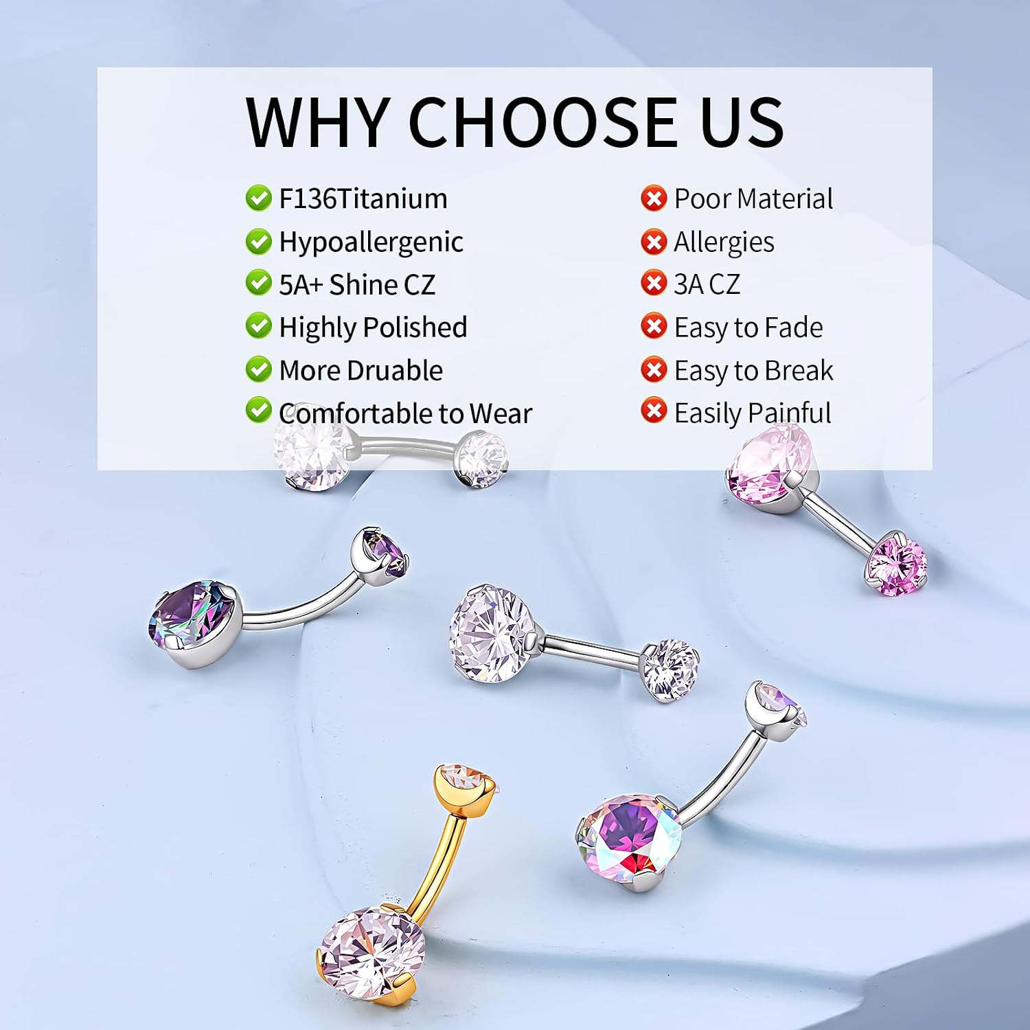 Solid Titanium Belly Button Ring,14G Hypoallergenic Silver Belly Rings,Internally Threaded 10mm Belly Piercing Jewelry,Round CZ Navel Rings,14G Belly Button Rings for Women Men