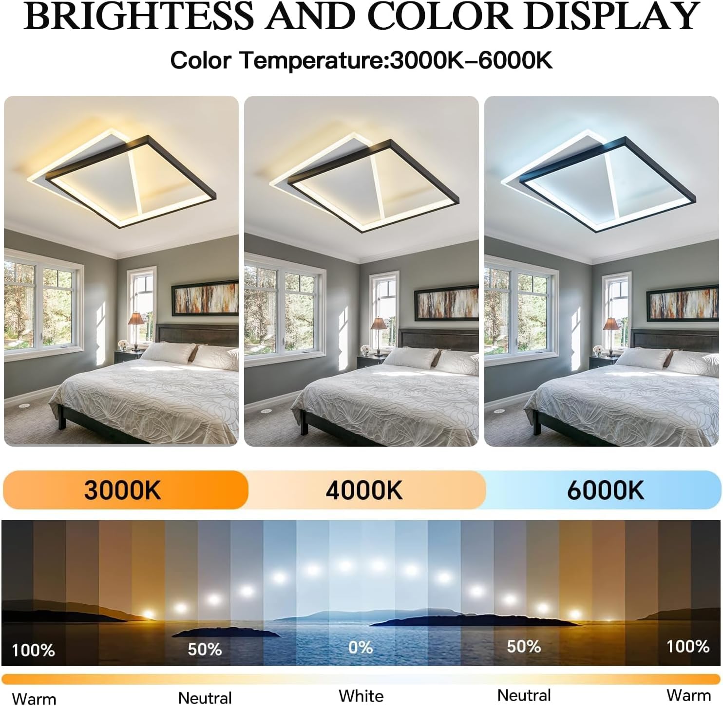 Plafón LED 52W Fácil De Instalar Modernos Lampara De Techo Para Dormitorios Salones Cocina Blanco Frío 6000K Cuadrado Ø49CM