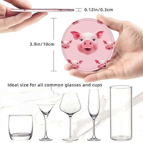 Miniatura 4 de Juego de 6 posavasos de cuero con estampado de cara de cerdo rosa, impermeables, resistentes al calor, alfombrilla redonda con soporte para sala de