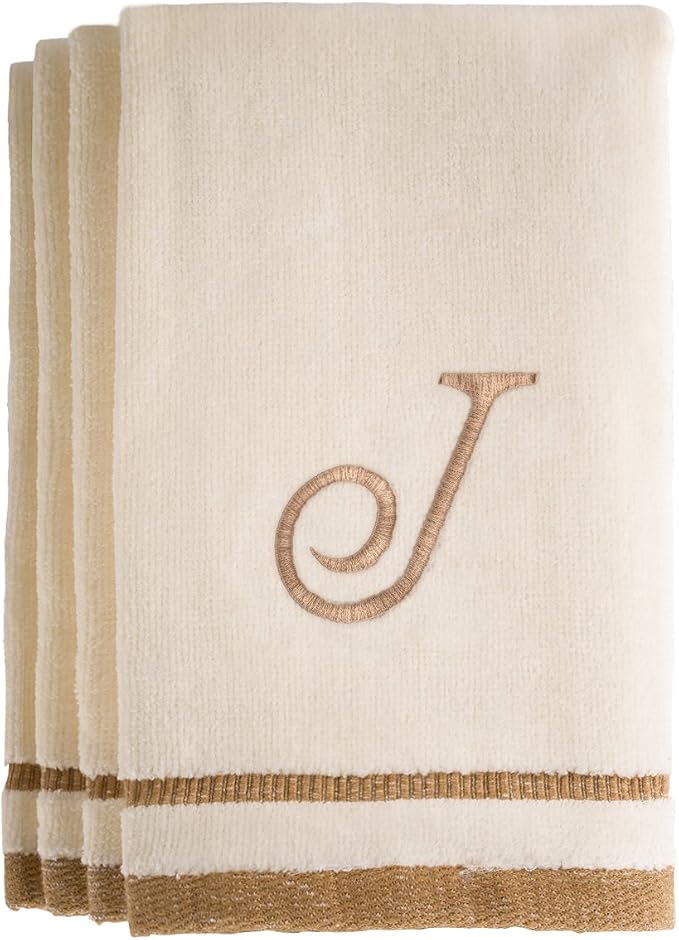 Monogrammed Gifts, Fingertip Towels, 11 x 18 Inches - Set of 4- Decorative Golden Brown Embroidered Towel - Extra Absorbent 100% Cotton- Personalized Gift- For Bathroom/ Kitchen- Initial J (Ivory)