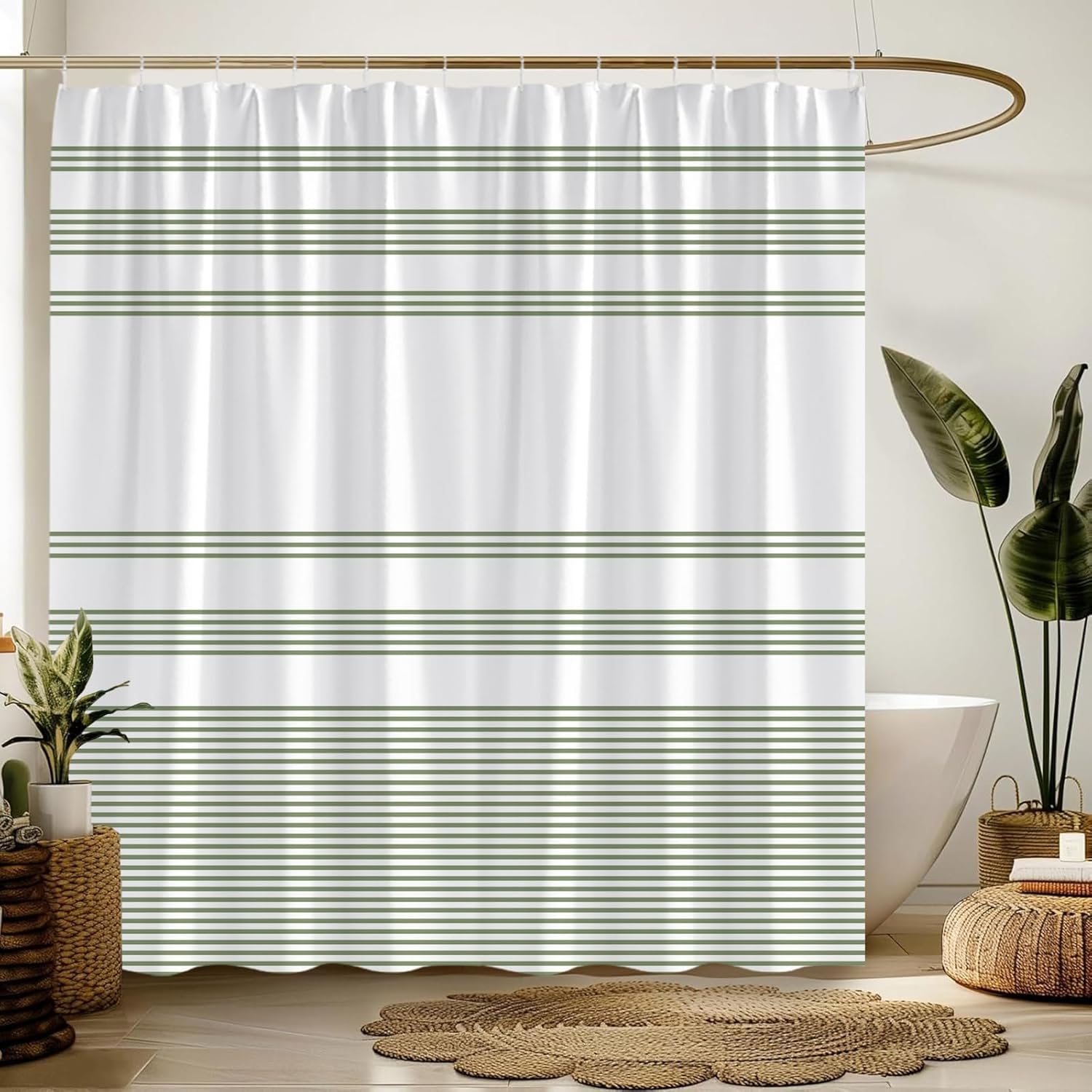Sage Green White Shower Curtain Striped Modern Minimalist Bathroom Decor Curtain with Hooks,70" WX78 H