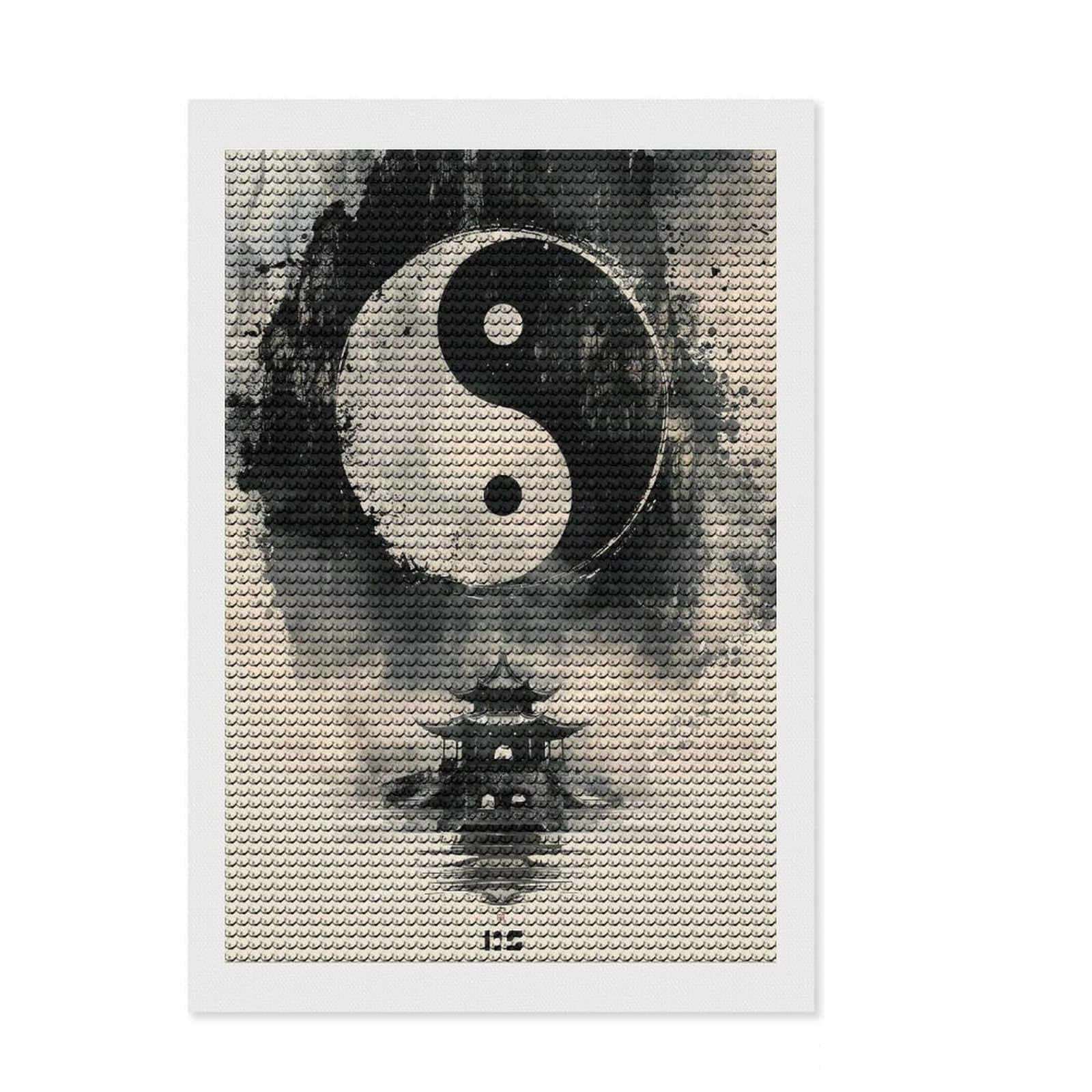 Junmoney Yin Yang Temple Diamond Art Canvas 8"x12", Adhesive Canvas, Calming Craft to Unwind, Boho Decor, Birthday Gift, Easy to Enjoy