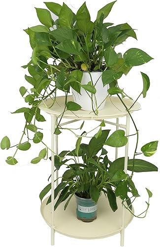 Soporte para plantas para interiores y exteriores, mesa auxiliar redonda con soportes de 2 niveles, estante de soporte redondo, soporte para maceta,