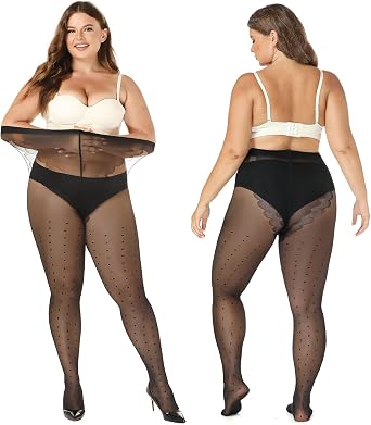 MANZI Plus Size Sheer Pantyhose for Women Black Polka Dot Tights Patterned 20D Sexy Stockings