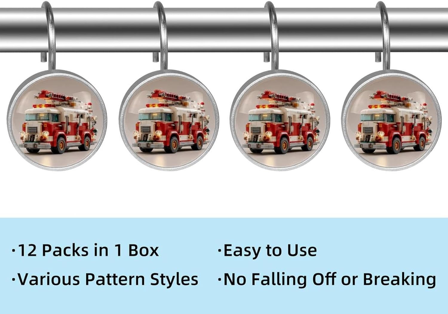 12PCS Fire Engine Car (3) Shower Curtain Hooks Rings for Bathroom, Decorative Shower Curtain Hooks Rods Curtains and Liner