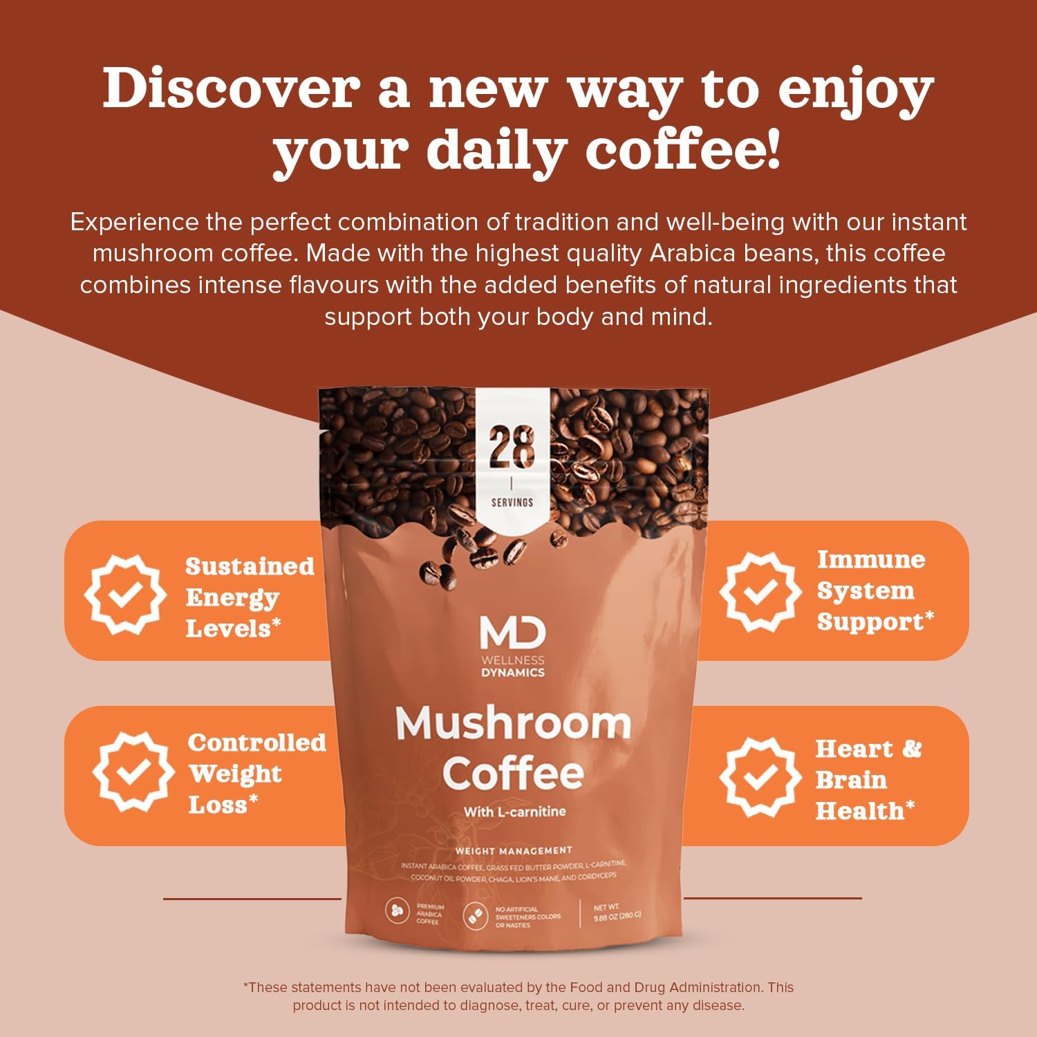 Mushroom Coffee with L Carnitine, Coconut Oil, & Grass Feed Butter – Lion’s Mane Reishi Chaga Cordyceps Smooth Energy Metabolism Focus Coffee – 28 Servings