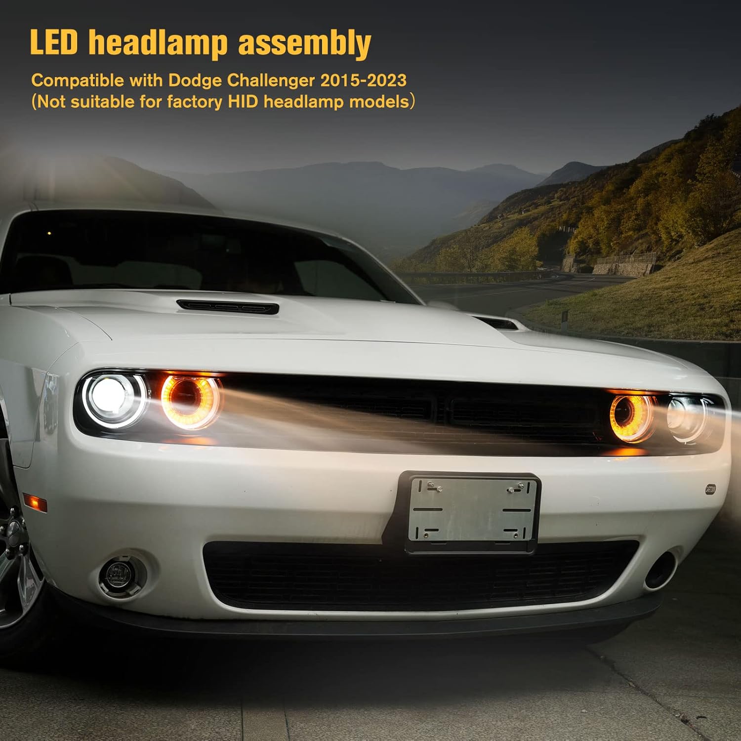 LED Headlight with Amber Turn Signal Light, Headlight Assembly Compatible with Dodge Challenger 2015 2016 2017 2018 2019 2020 (NOT Compatible with Factory HID Headlight)