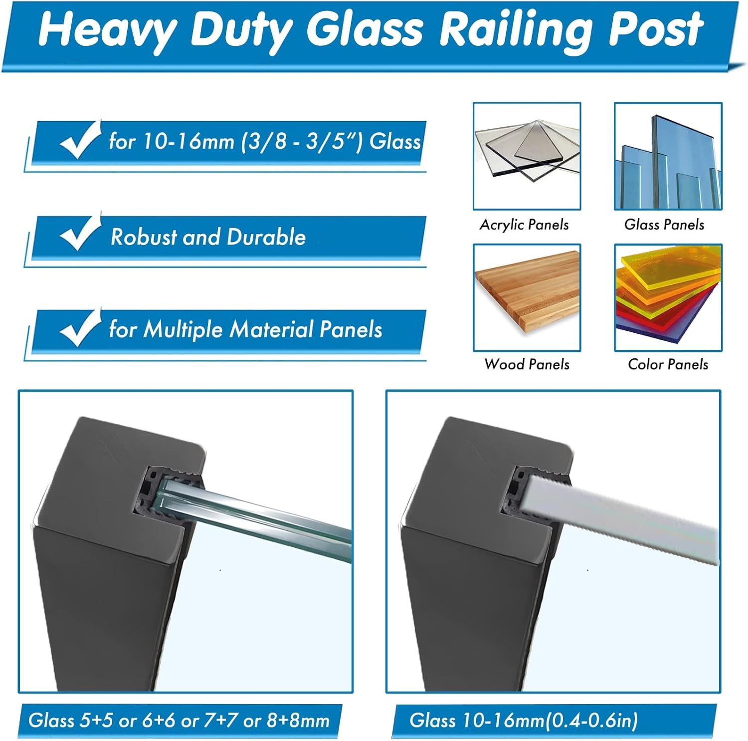 Villa Terrace Patio Landing Glass Brackets/ Panels Clamps Post - Black Stainless Steel Square, Outdoor Guardrail for Front Porch With Metal Base Cover & Screws Kit, H 59 55 51 47 43 Inches ( Color : S