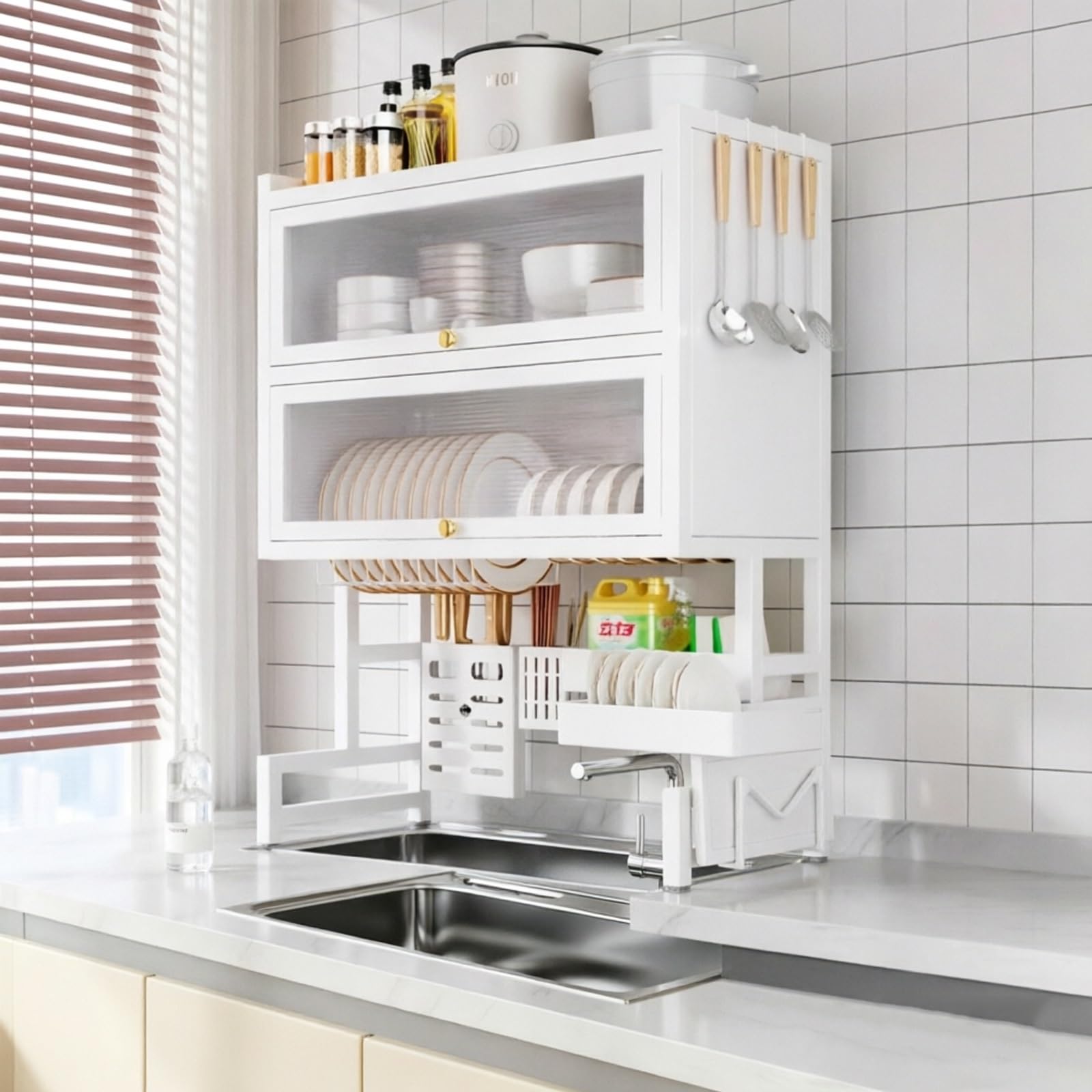 Abtropfgestell Für Spüle Mit Abdeckung, Geschirrtrockner Für Küchentheke | Großes Aufbewahrungsregal Mit Abdeckung Für Hohe Kapazität，Für Teller, Schüsseln Und Besteck(White 2/65)