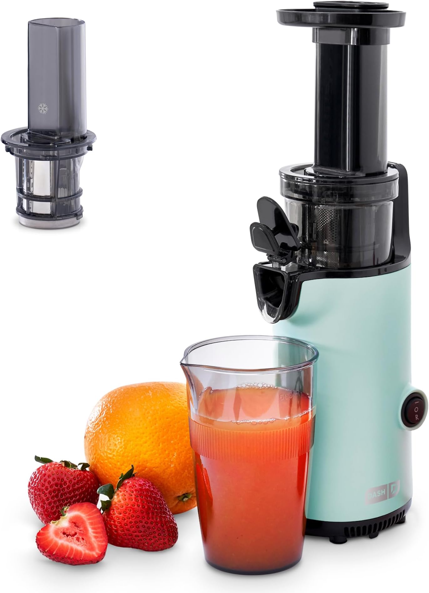 Dash DCSJ255 Deluxe Compact Power Slow Masticating Extractor Easy to Clean Cold Press Juicer with Brush, Pulp Measuring Cup, Frozen Attachment and Juice Recipe Guide, Aqua