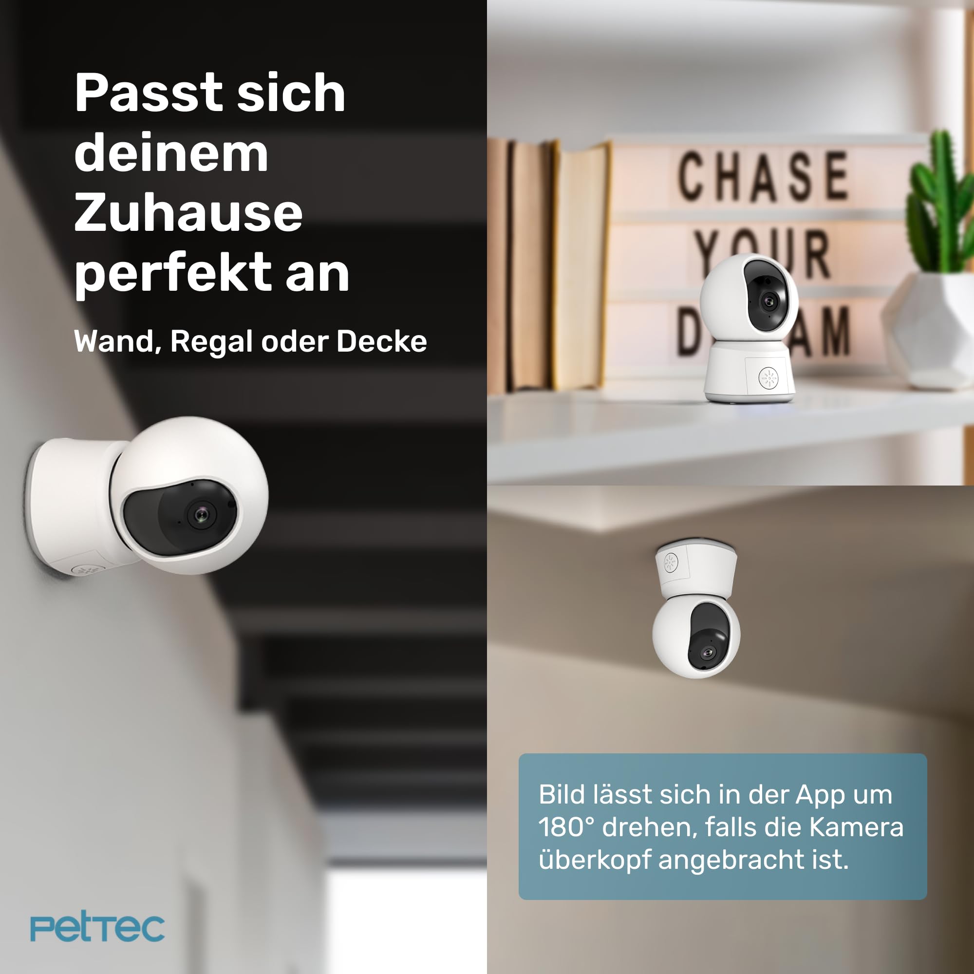 PetTec® Pet Cam Laser - Haustierkamera mit App [OHNE ABO-Falle] - Katzen Kamera Zuhause mit Bewegungserkennung & Nachtsichtfunktion - 4MP Rundumblick 360° Schwenken & Neigen - Katzenspielzeug