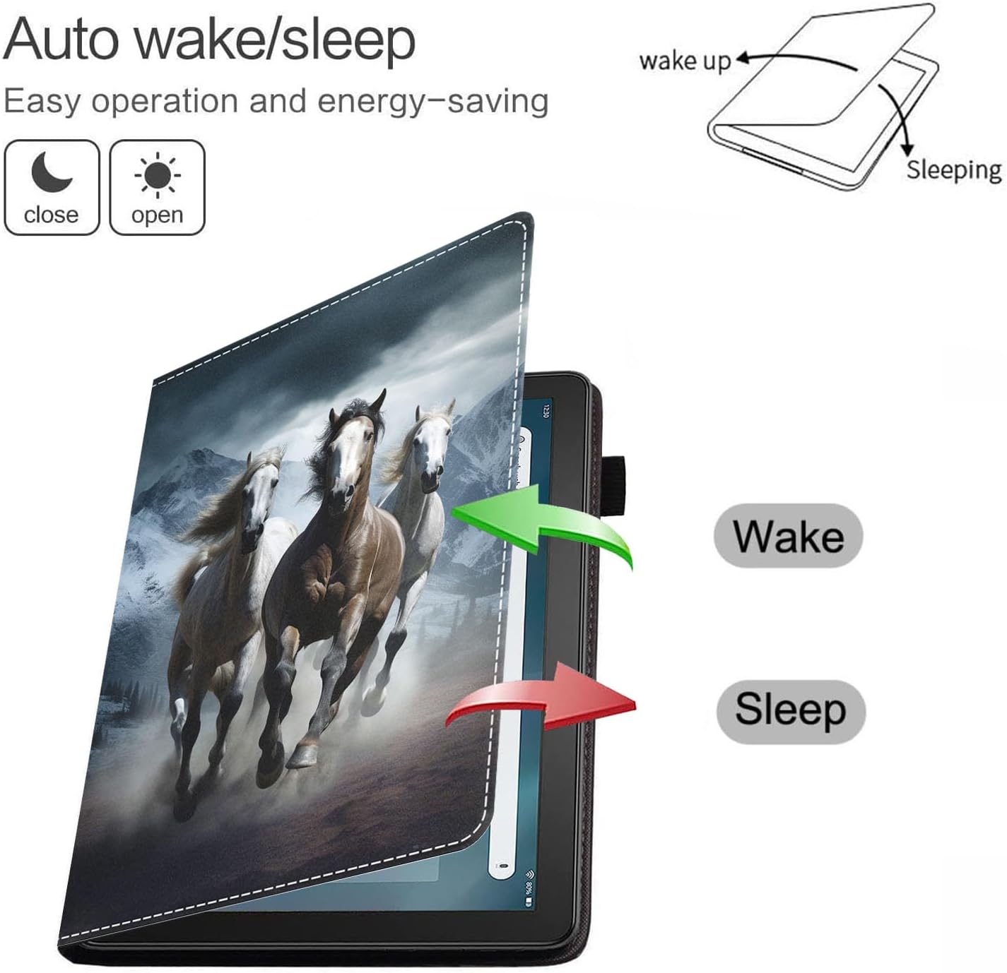WEUIUJKILO Case for Amazon Kindle Fire HD 10 & 10 Plus Tablet 10.1" (13th/11th Generation, 2023/2021 Release) - Slim PU Leather Stand Case with Auto Sleep Wake, Running Horse